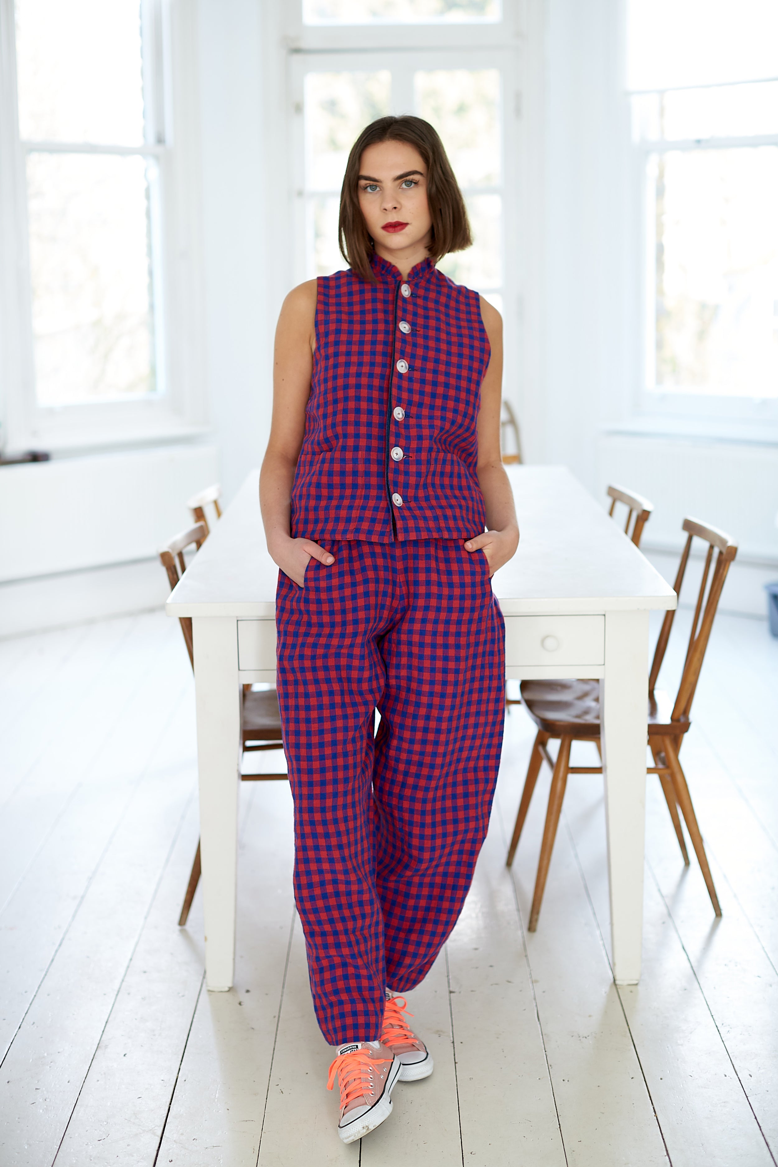 Pull-on trouser in Red and Blue Gingham Irish Linen | Made in England | Justine Tabak