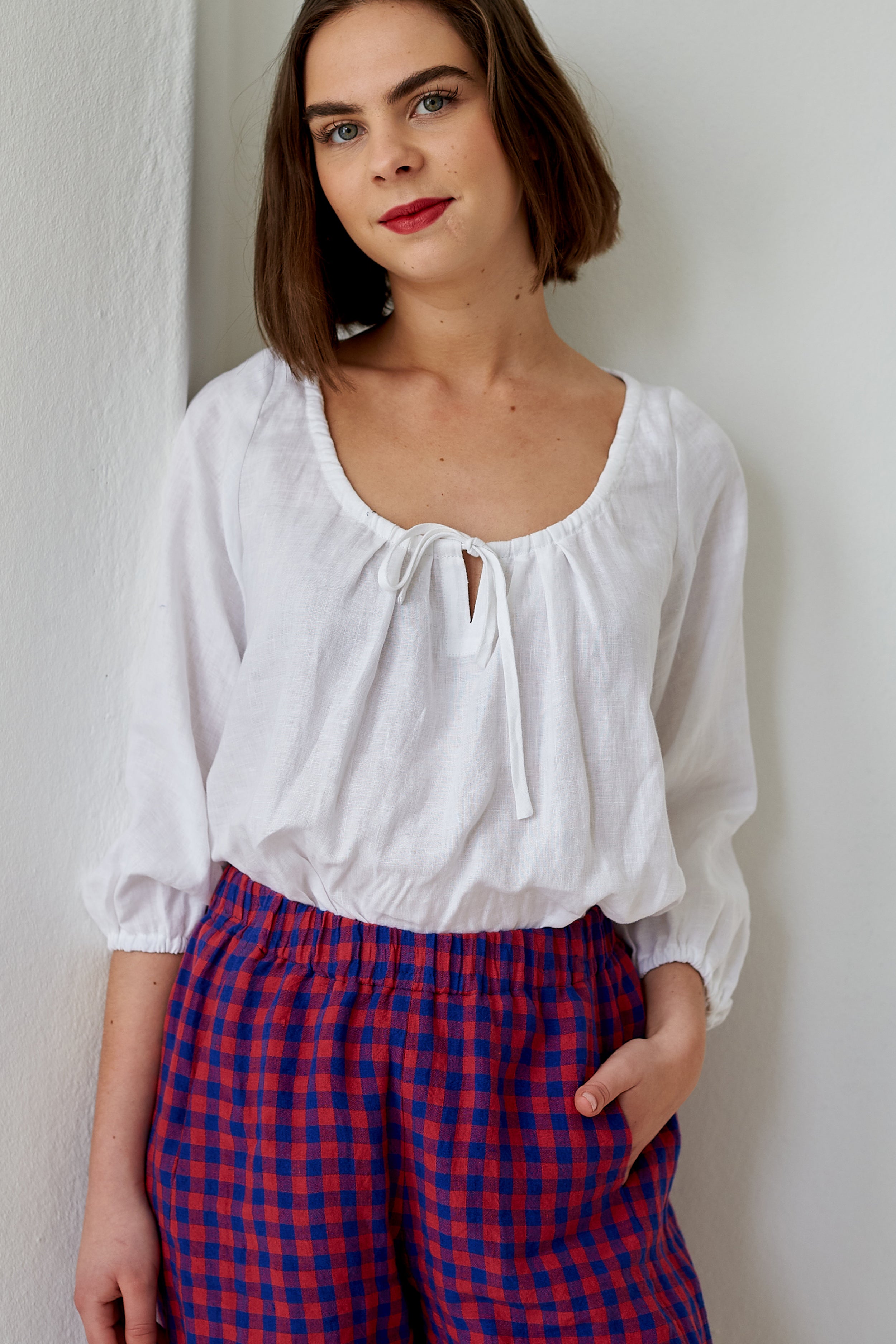 Pull-on trouser in Red and Blue Gingham Irish Linen | Made in England | Justine Tabak