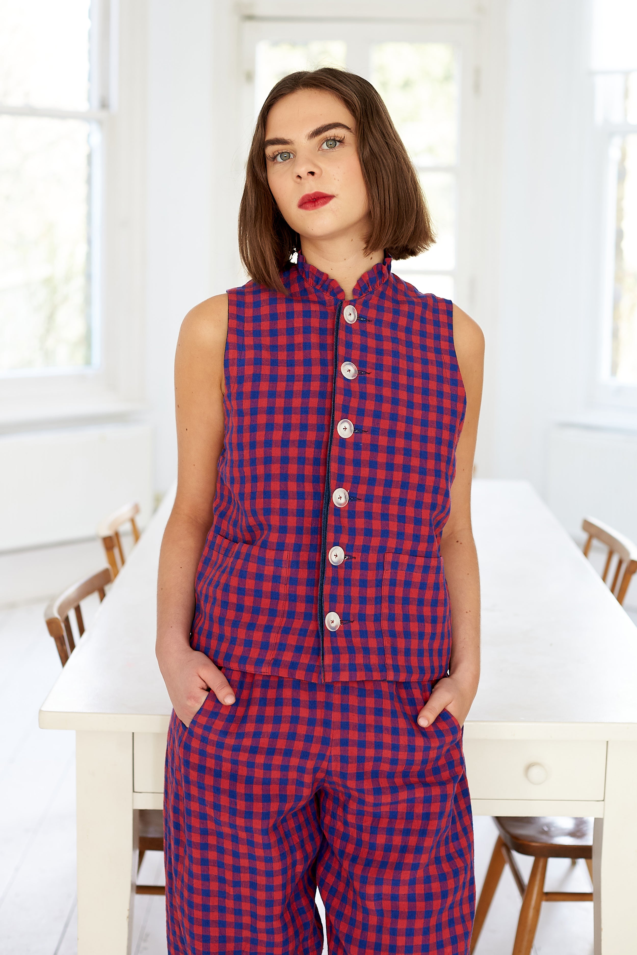 Pull-on trouser in Red and Blue Gingham Irish Linen | Made in England | Justine Tabak