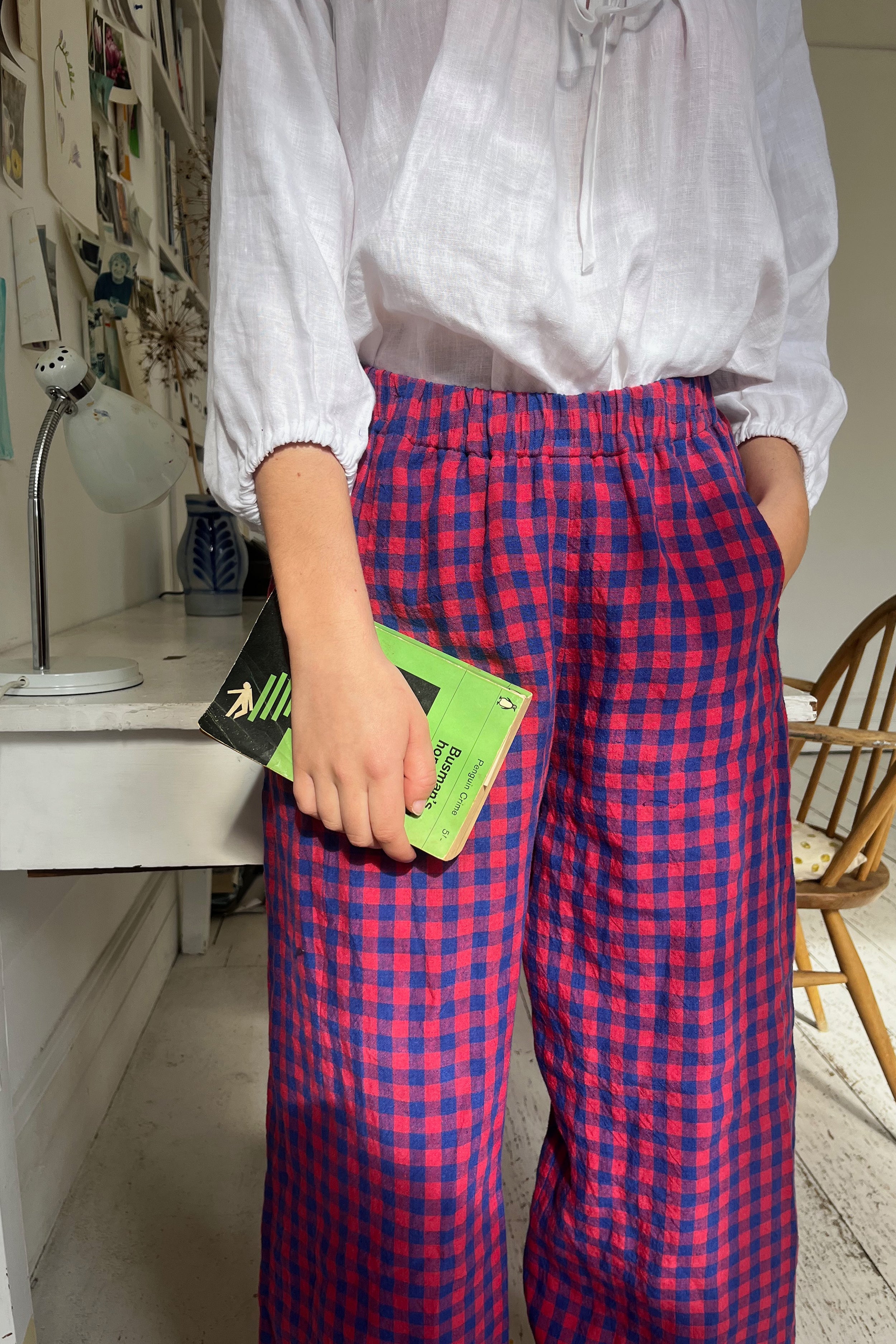 Pull-on trouser in Red and Blue Gingham Irish Linen | Made in England | Justine Tabak