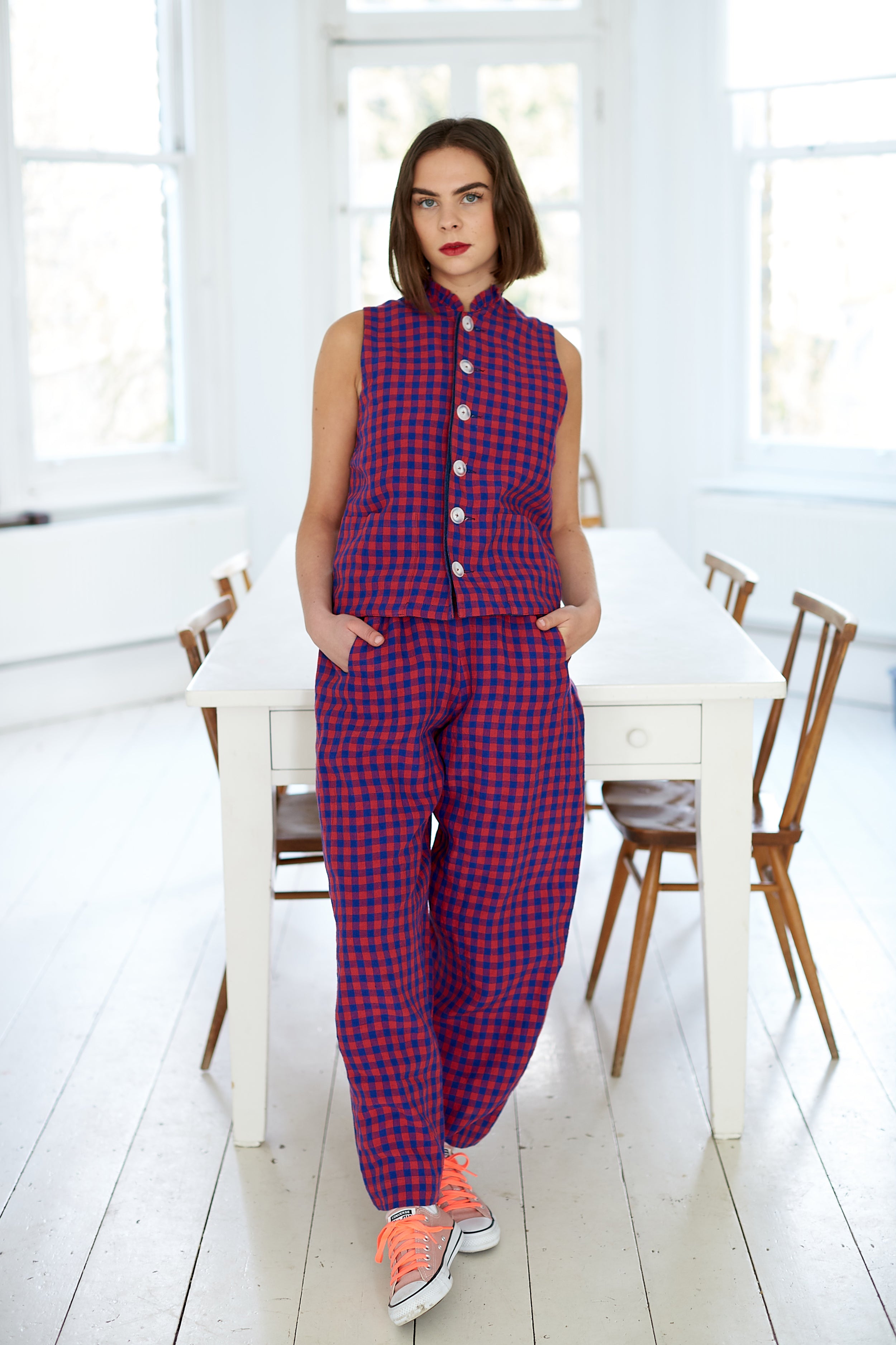 Reversible Waistcoat in Irish Linen Gingham and Denim | Made in England | Justine Tabak