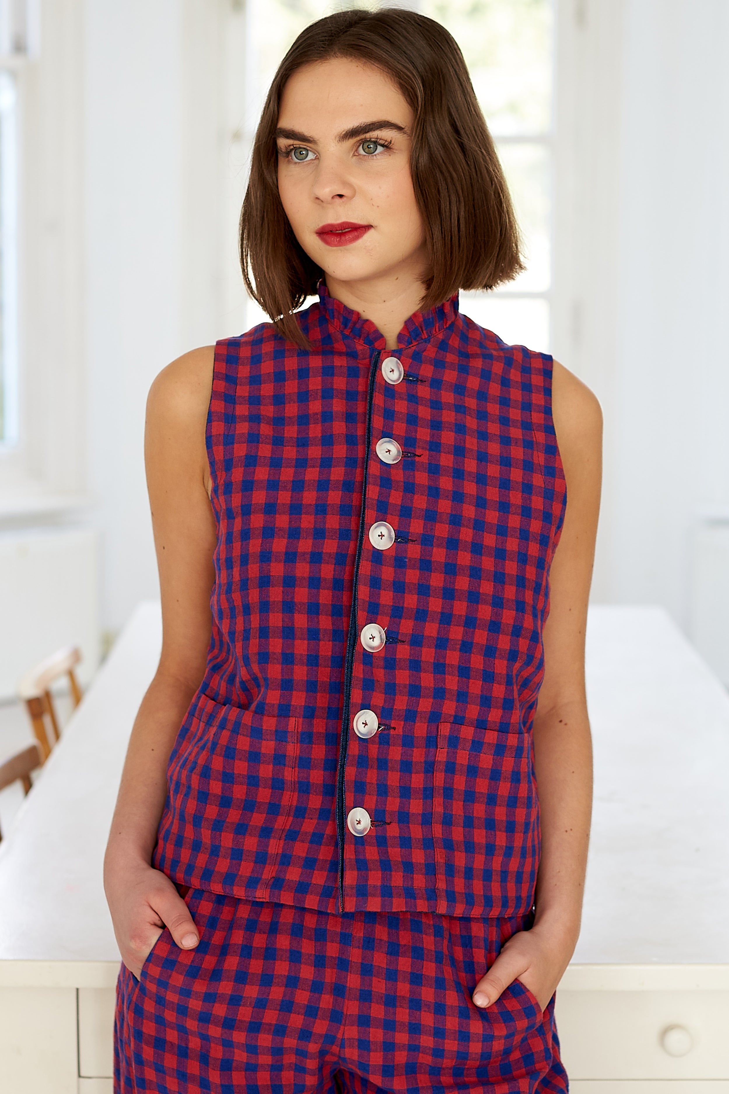 Reversible Waistcoat in Irish Linen Gingham and Denim | Made in England | Justine Tabak
