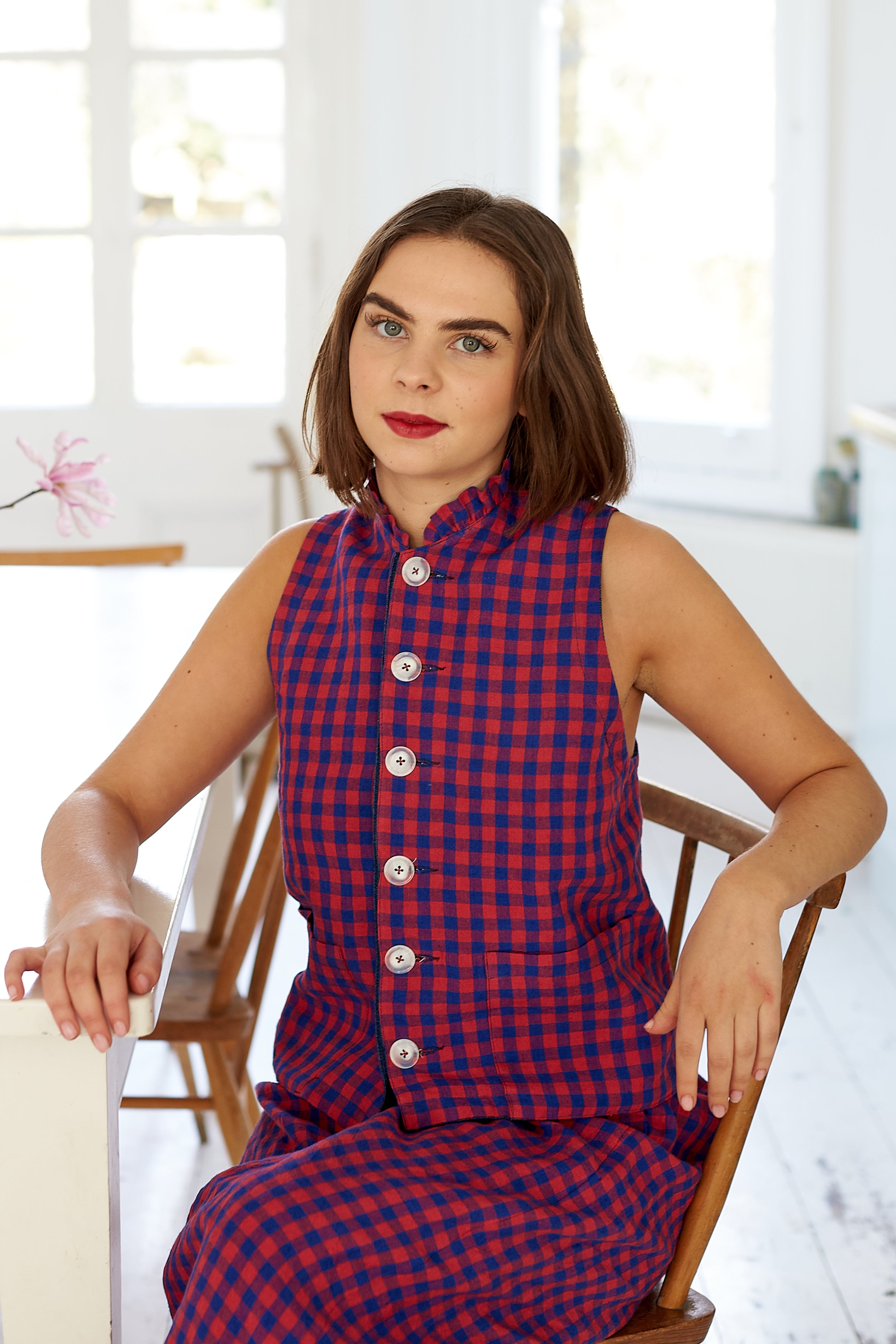 Reversible Waistcoat in Irish Linen Gingham and Denim | Made in England | Justine Tabak