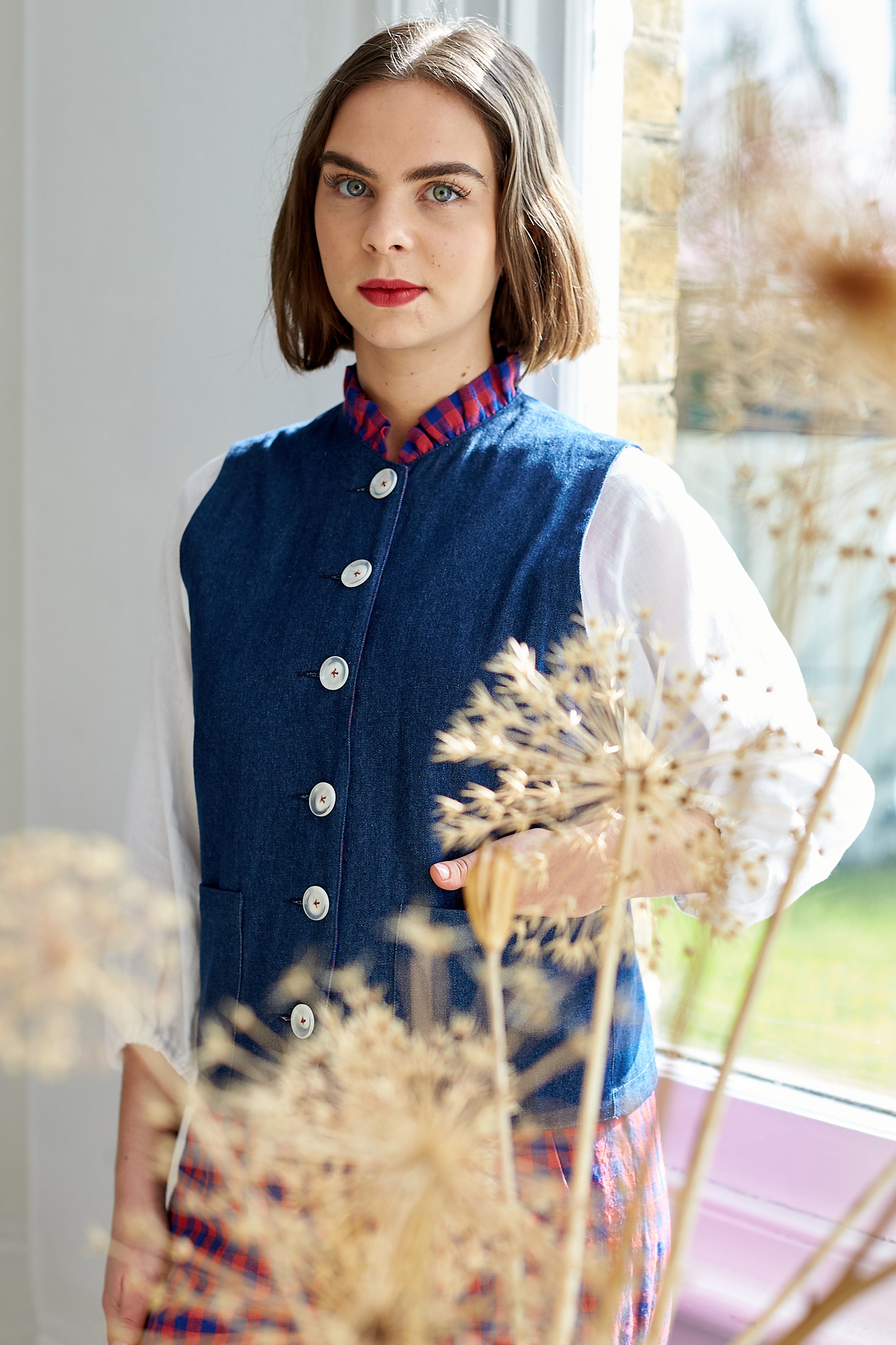 Reversible Waistcoat in Irish Linen Gingham and Denim | Made in England | Justine Tabak