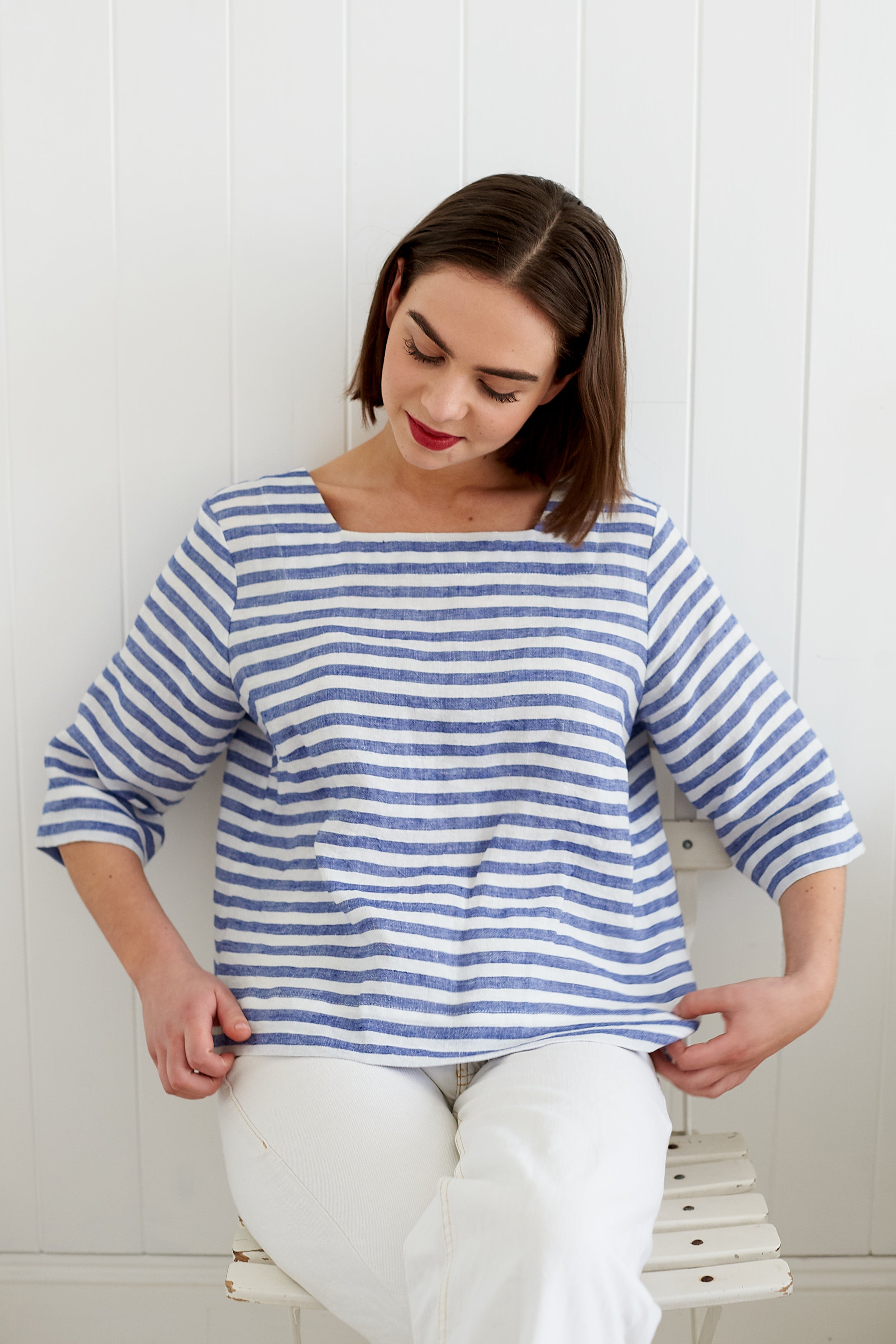 Blue and White Stripe Irish Linen Sailor Top | Made in England | Justine Tabak