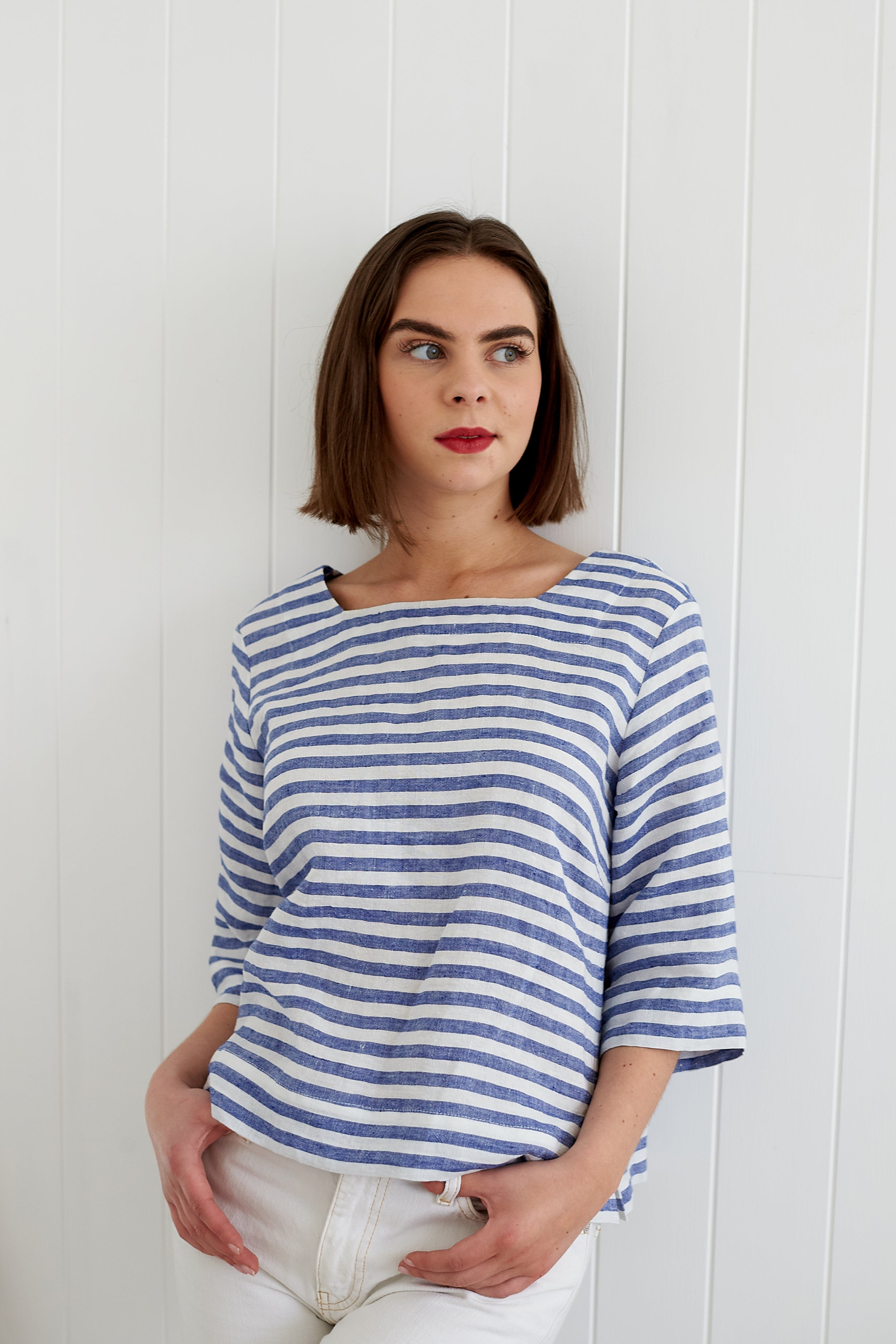 Blue and White Stripe Irish Linen Sailor Top | Made in England | Justine Tabak