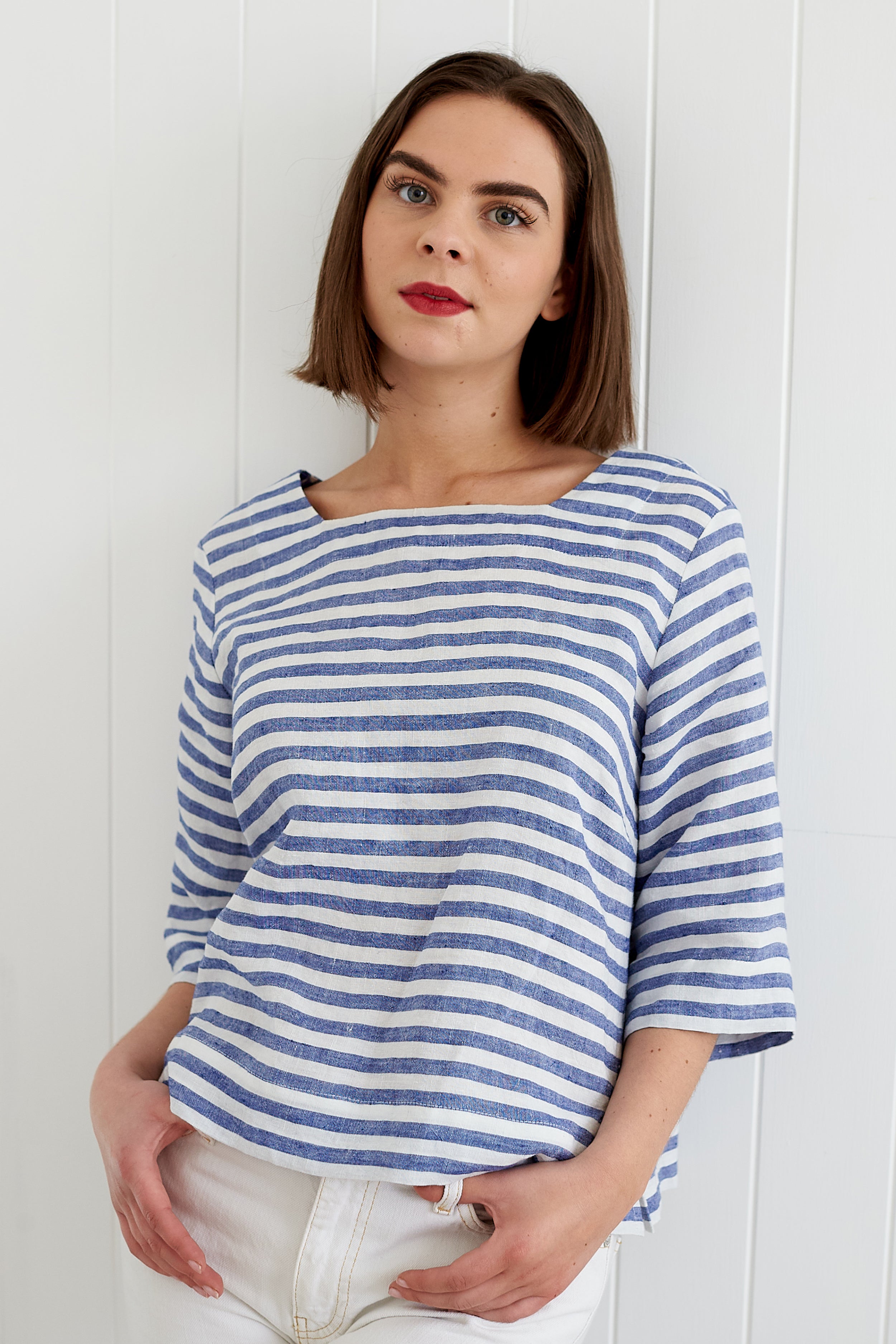 Blue and White Stripe Irish Linen Sailor Top | Made in England | Justine Tabak