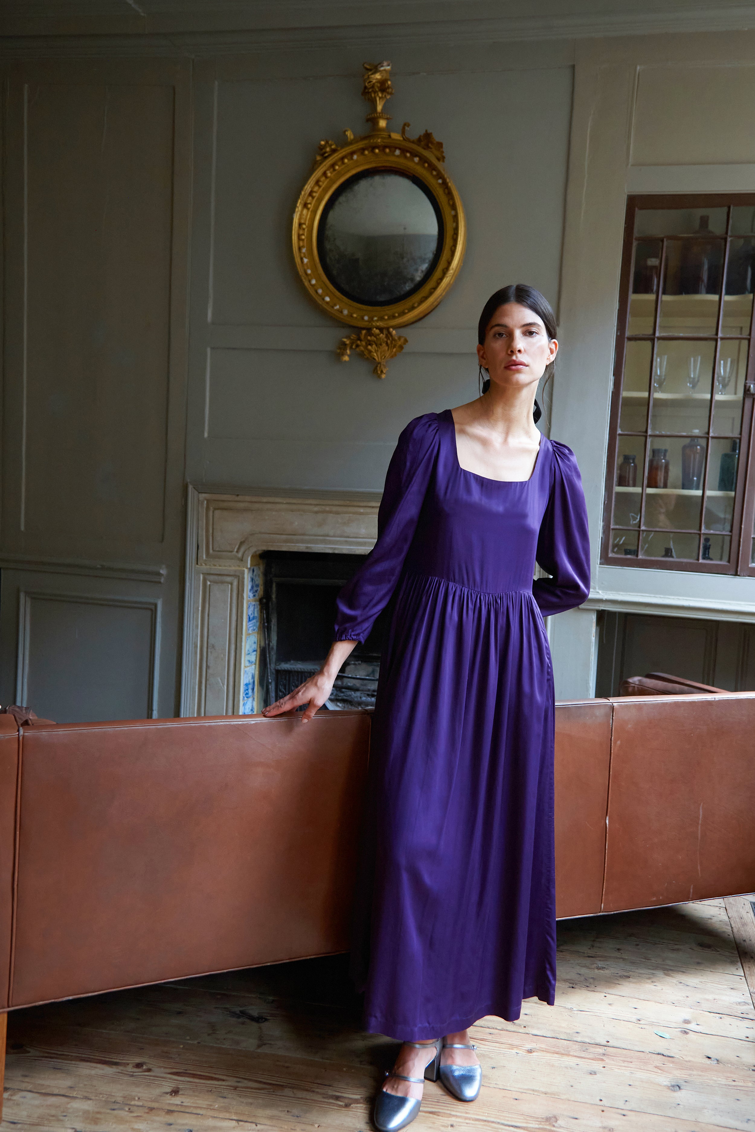 Purple long sleeve evening dress