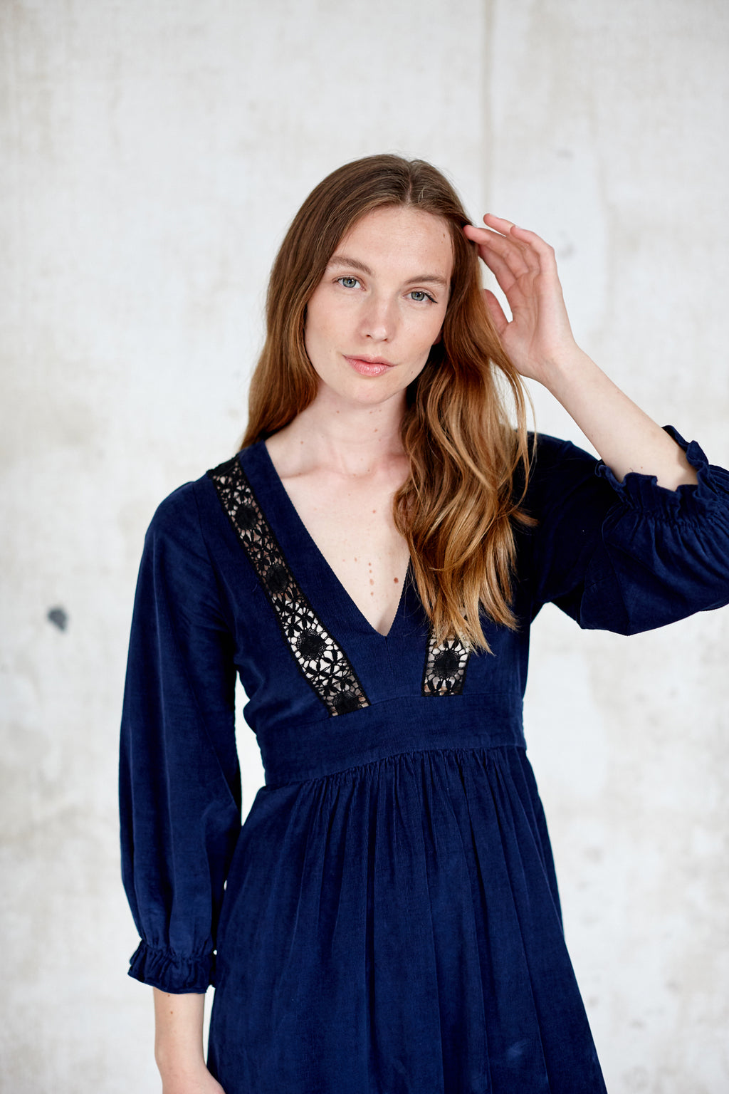 Navy Corduroy Lace Trim Midi Dress Made in England Justine