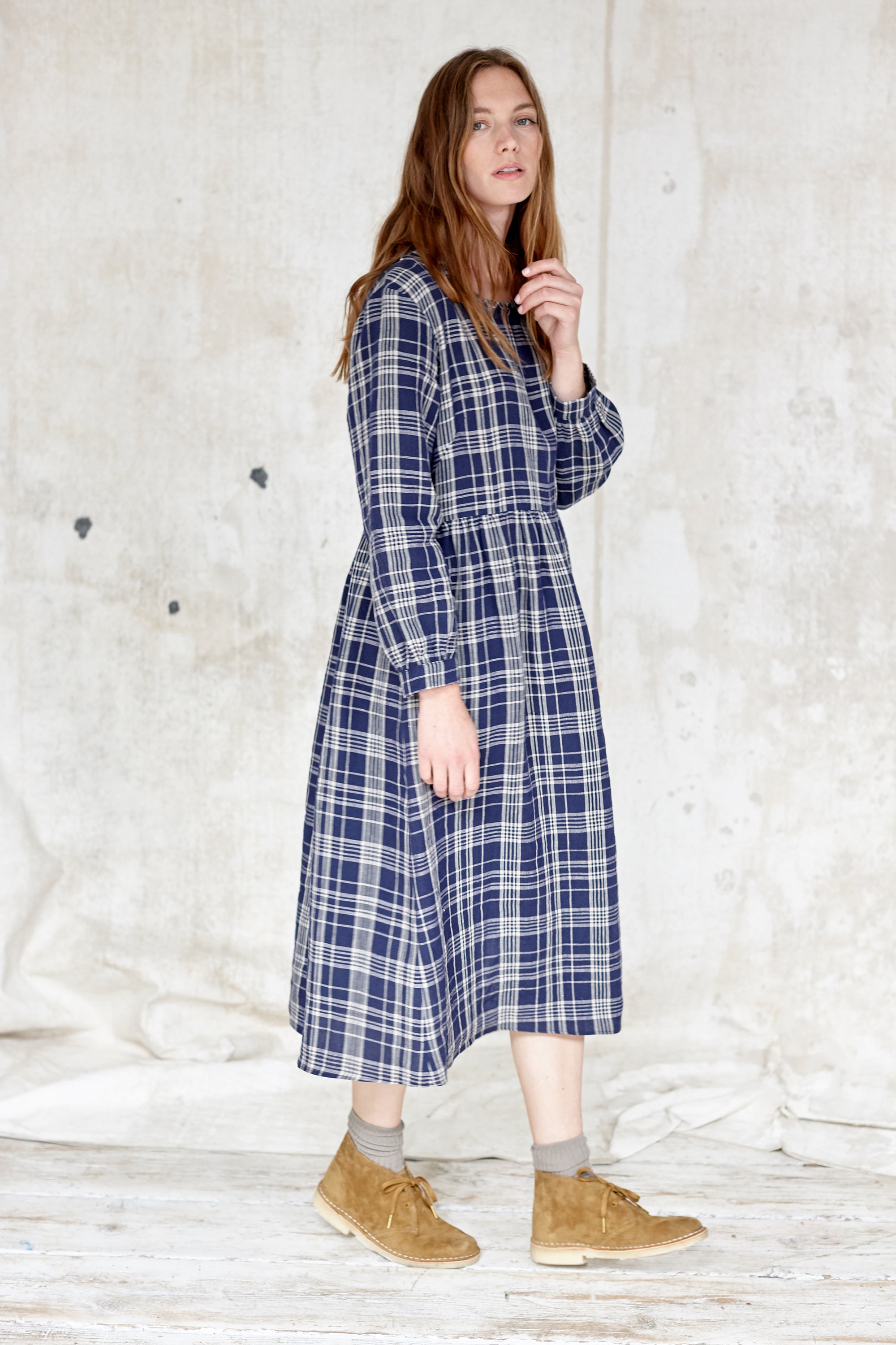 Irish Linen long sleeve dress, Blue check, Midi length .Easy fit