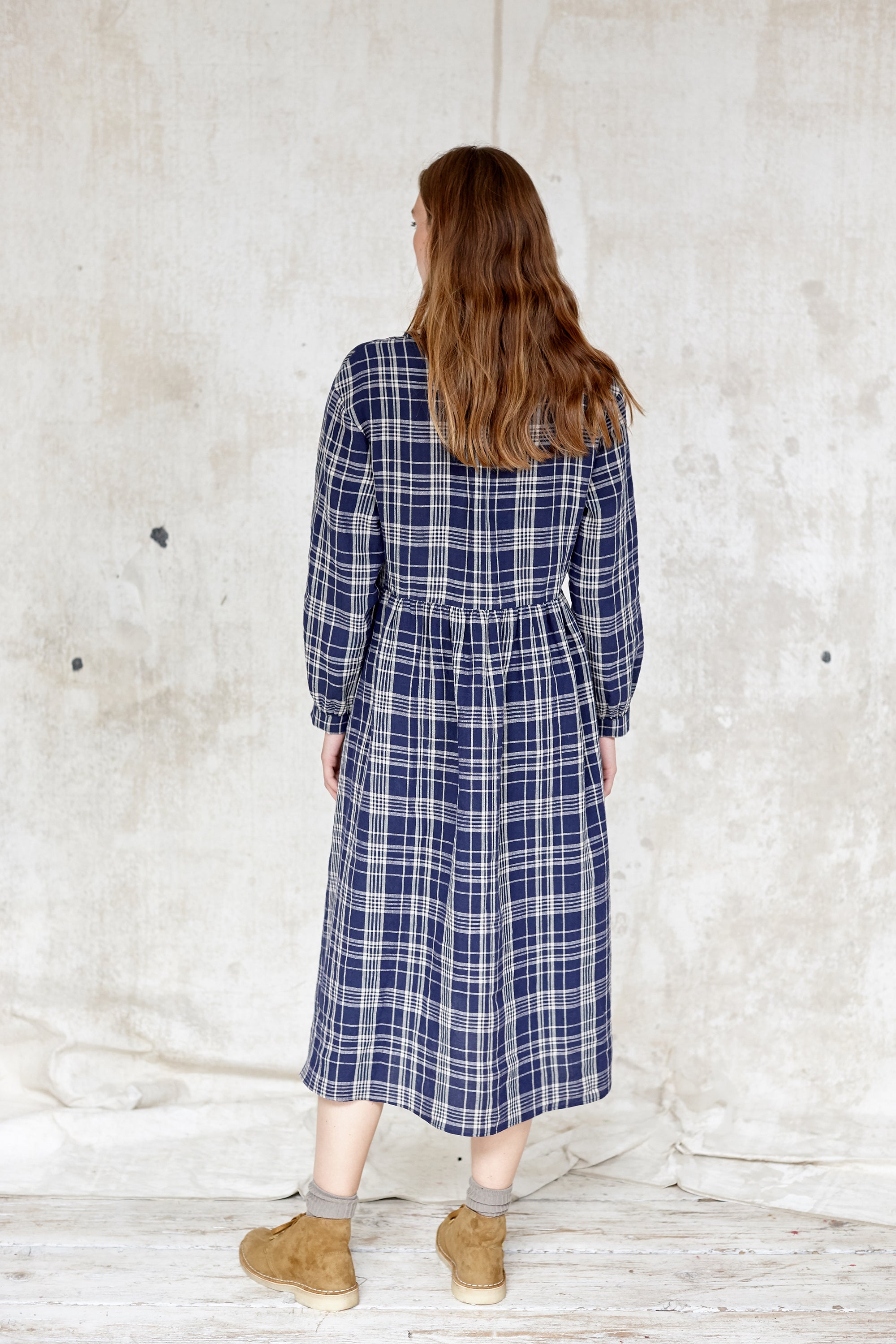 Irish Linen long sleeve dress, Blue check, Midi length .Easy fit