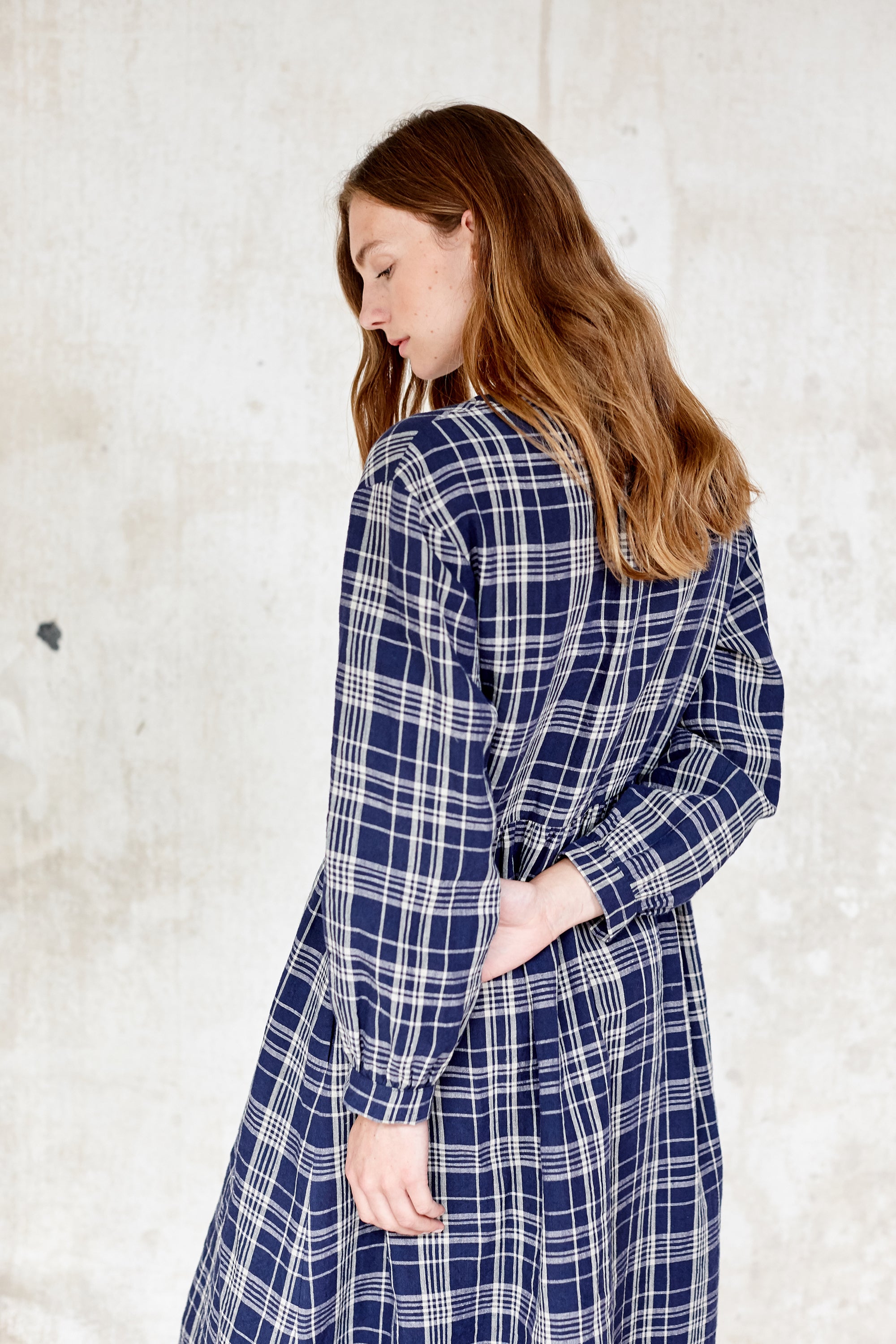 Irish Linen long sleeve dress, Blue check, Midi length .Easy fit