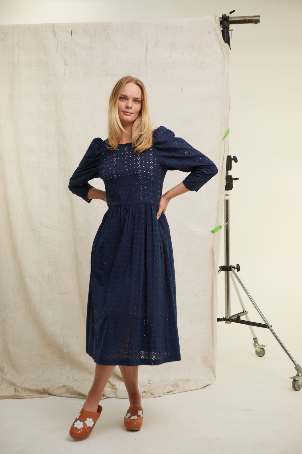 Navy Cotton Broderie Dress Made in England Justine Tabak