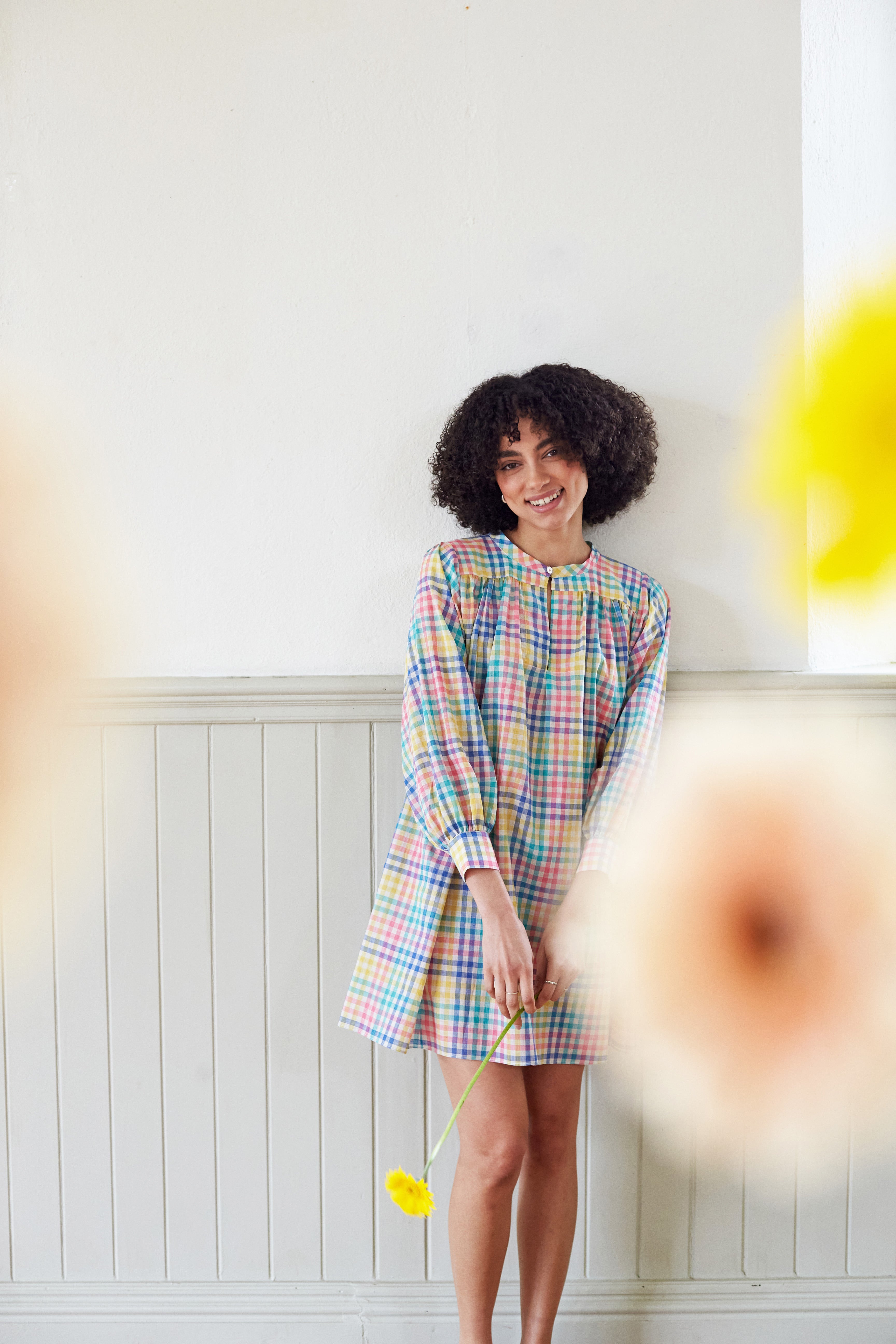 Checked cotton mini dress / long shirt . Made in England
