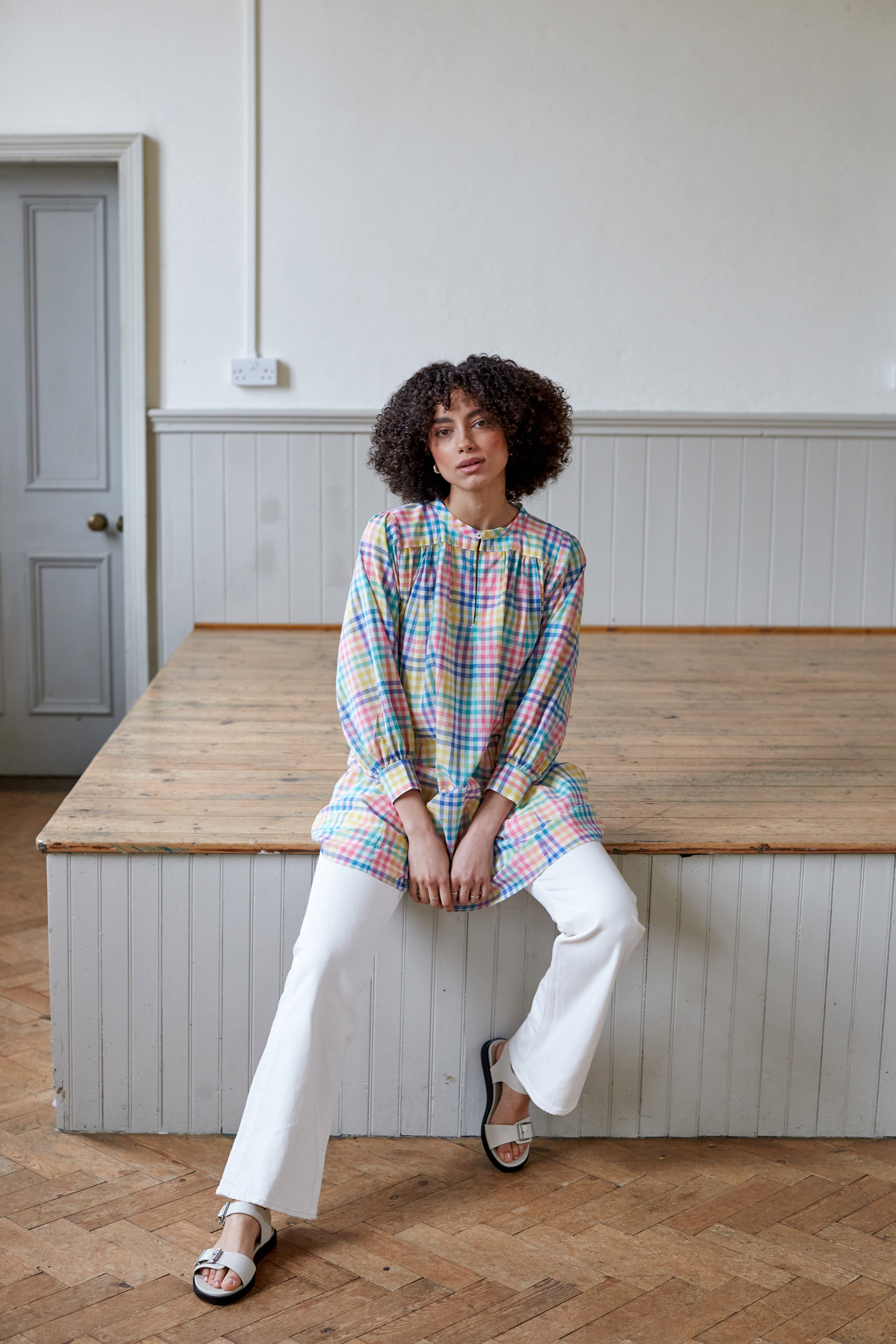 Checked cotton mini dress / long shirt . Made in England