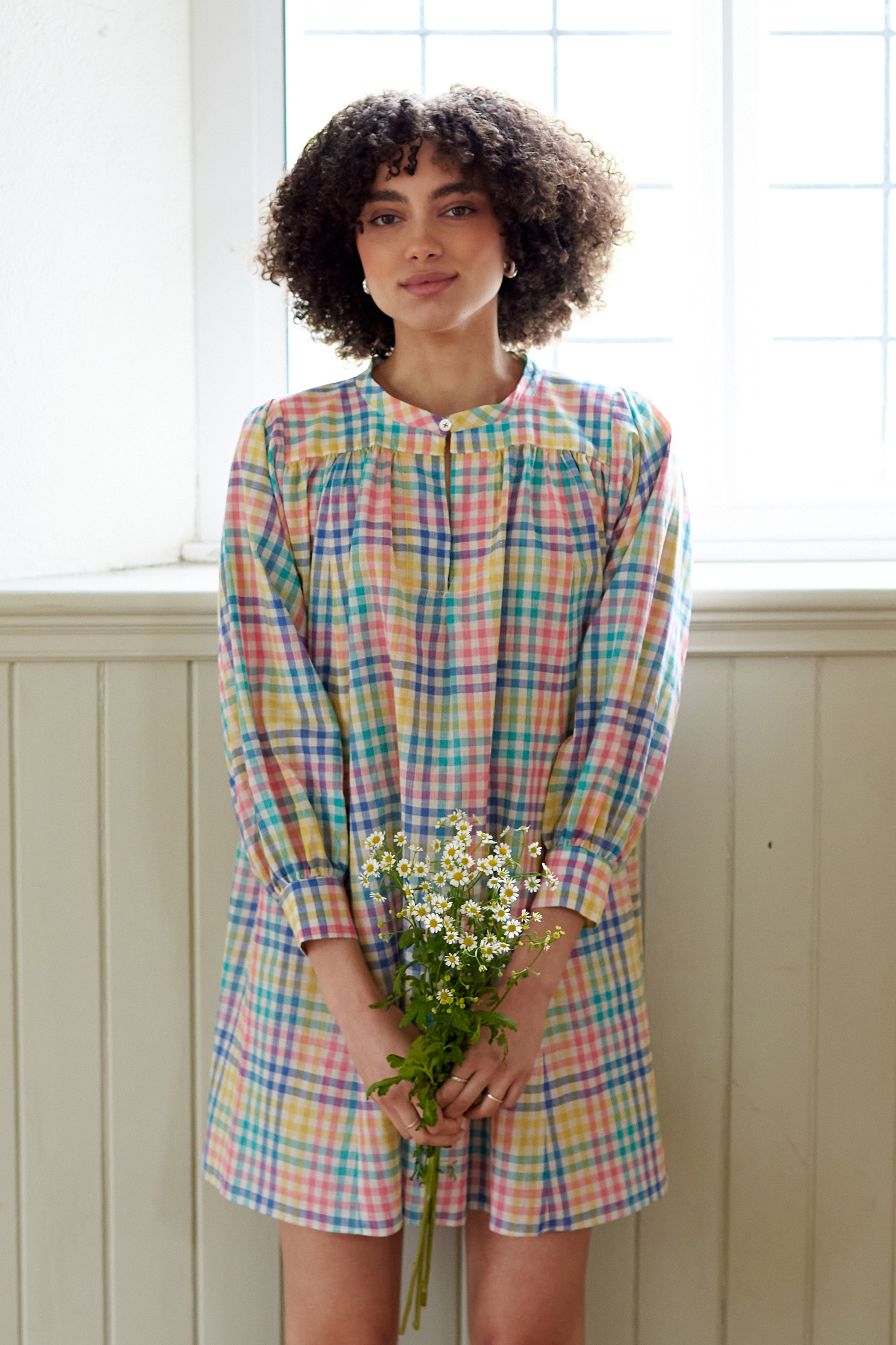 Checked cotton mini dress / long shirt . Made in England