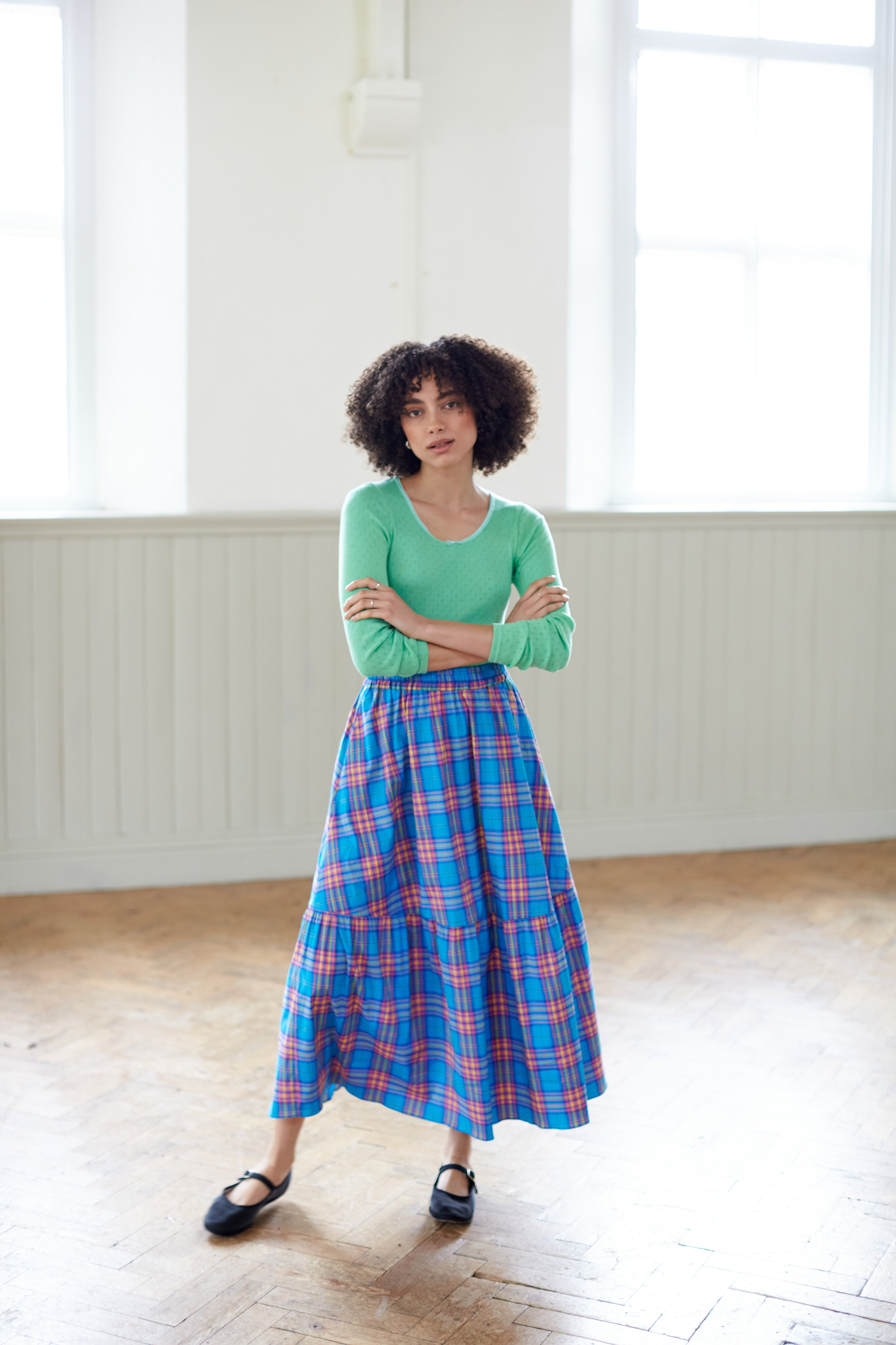 Blue check, ruffle hem maxi elasticated skirt. Made in England