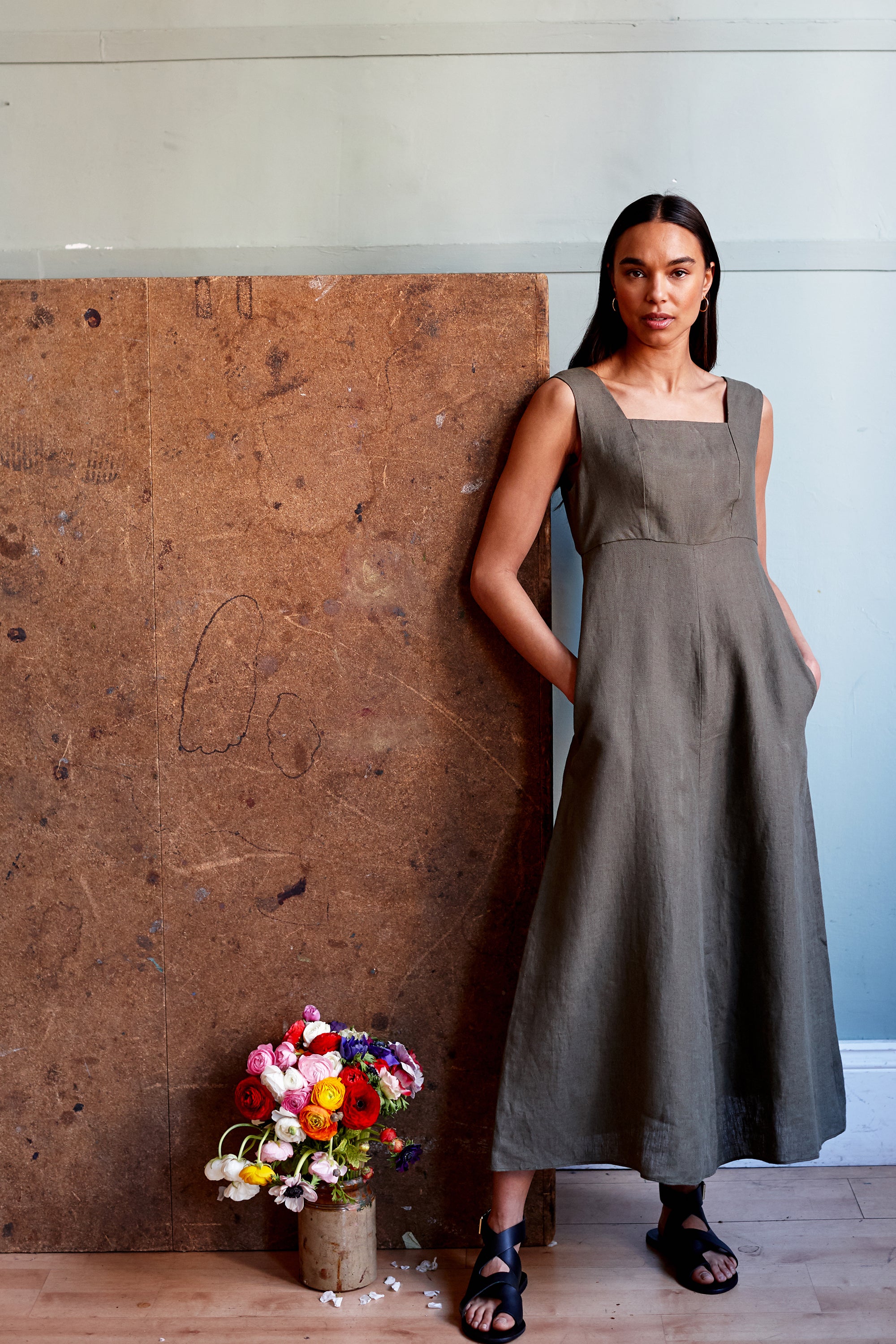 Linen pinafore dress. Khaki linen. Maxi length .Sleeveless