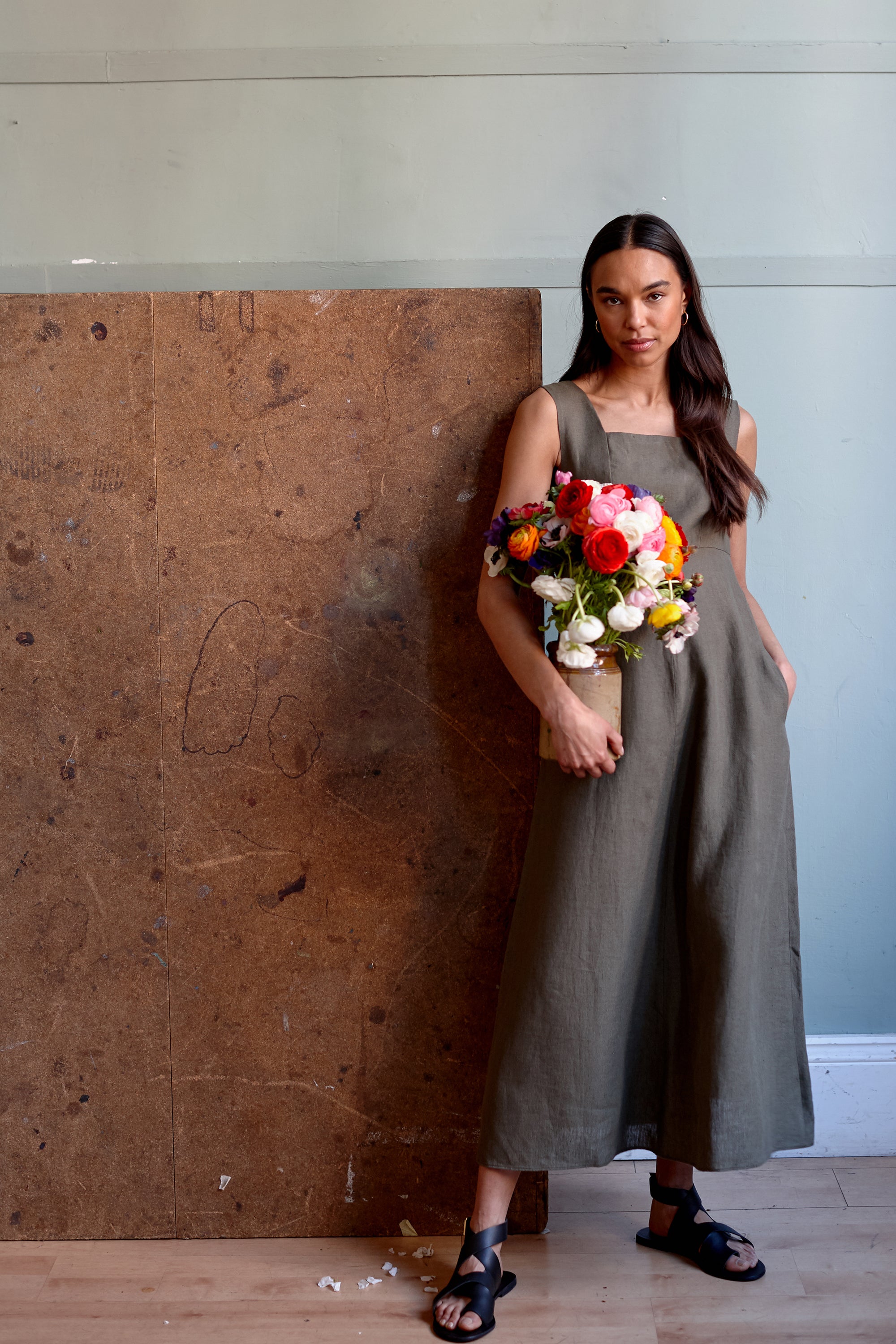 Linen pinafore dress. Khaki linen. Maxi length .Sleeveless