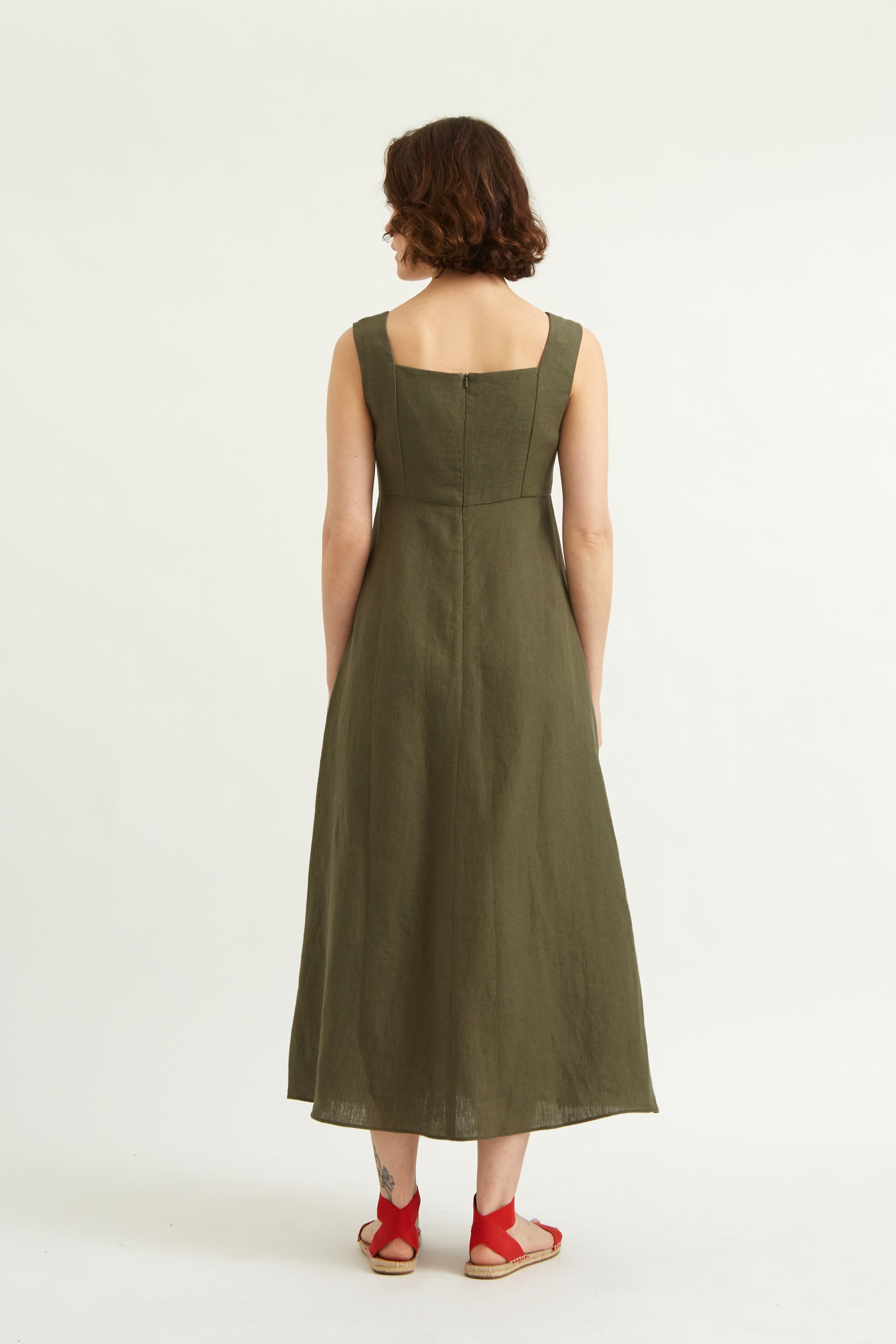 Linen pinafore dress. Khaki linen. Maxi length .Sleeveless