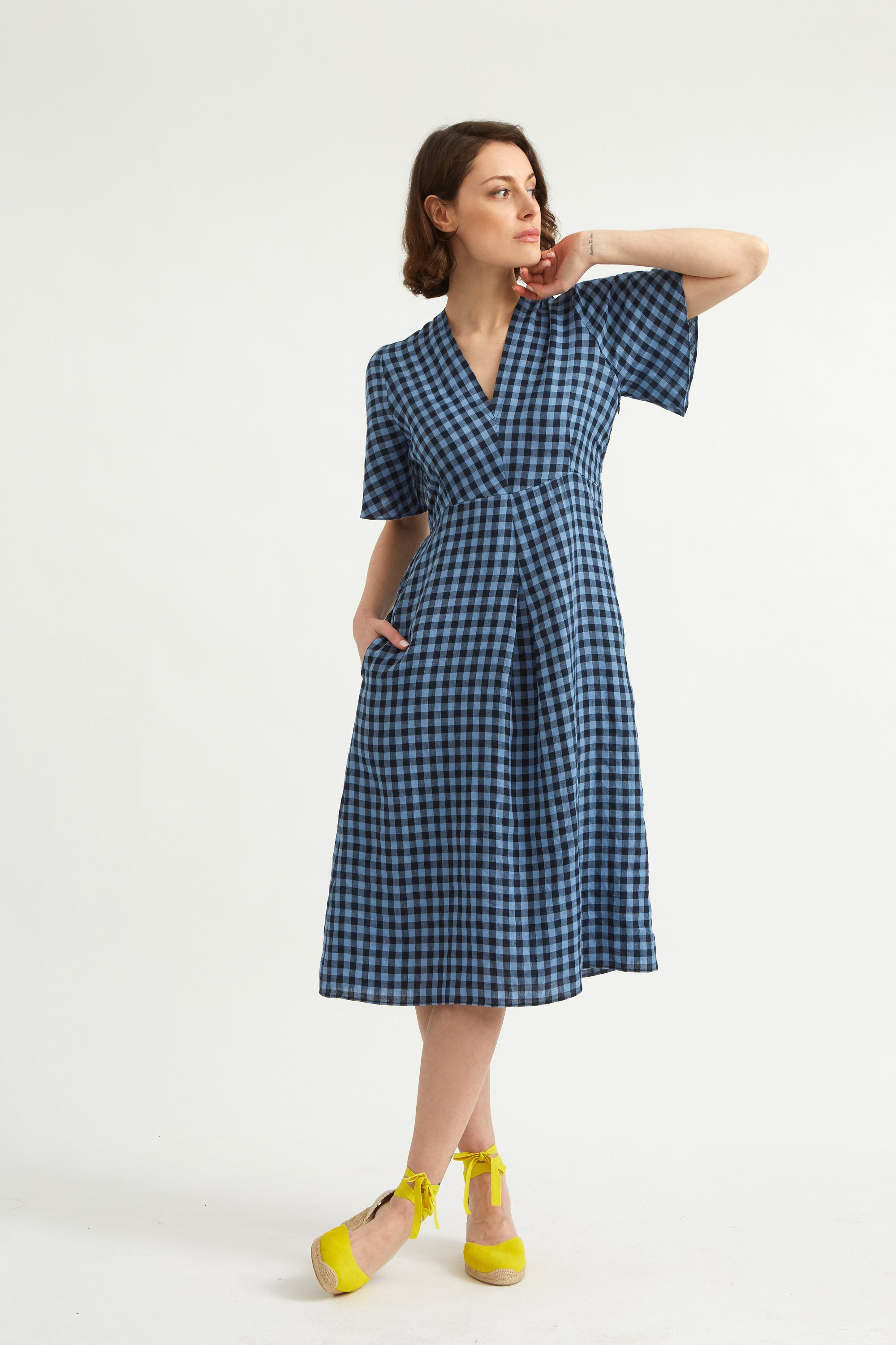 Irish Linen Gingham Dress. Bias cut Pull-on style. Short sleeve. V neck . Knee length