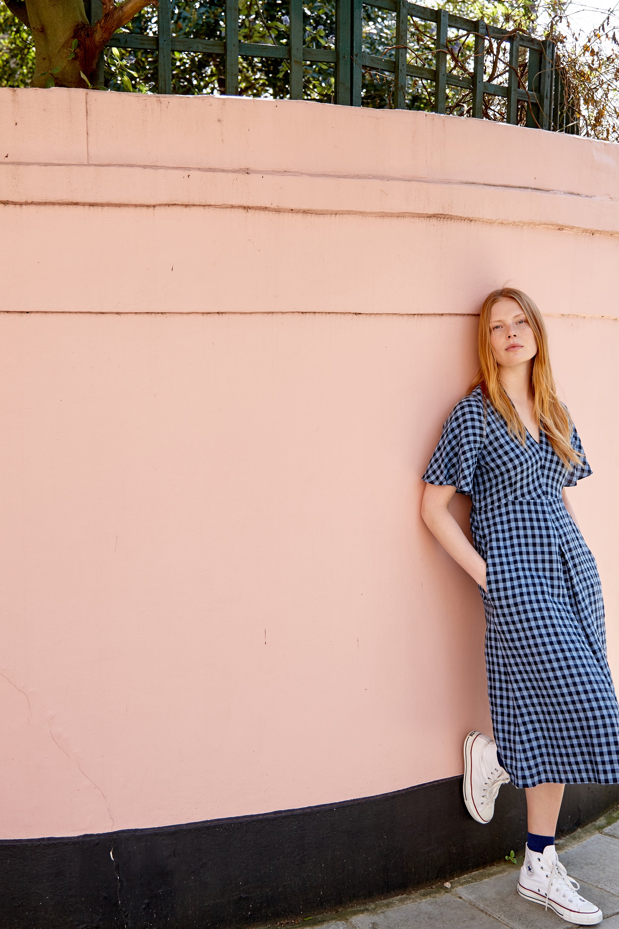 Irish Linen Gingham Dress. Pull-on style. Short sleeve. V neck . Knee length