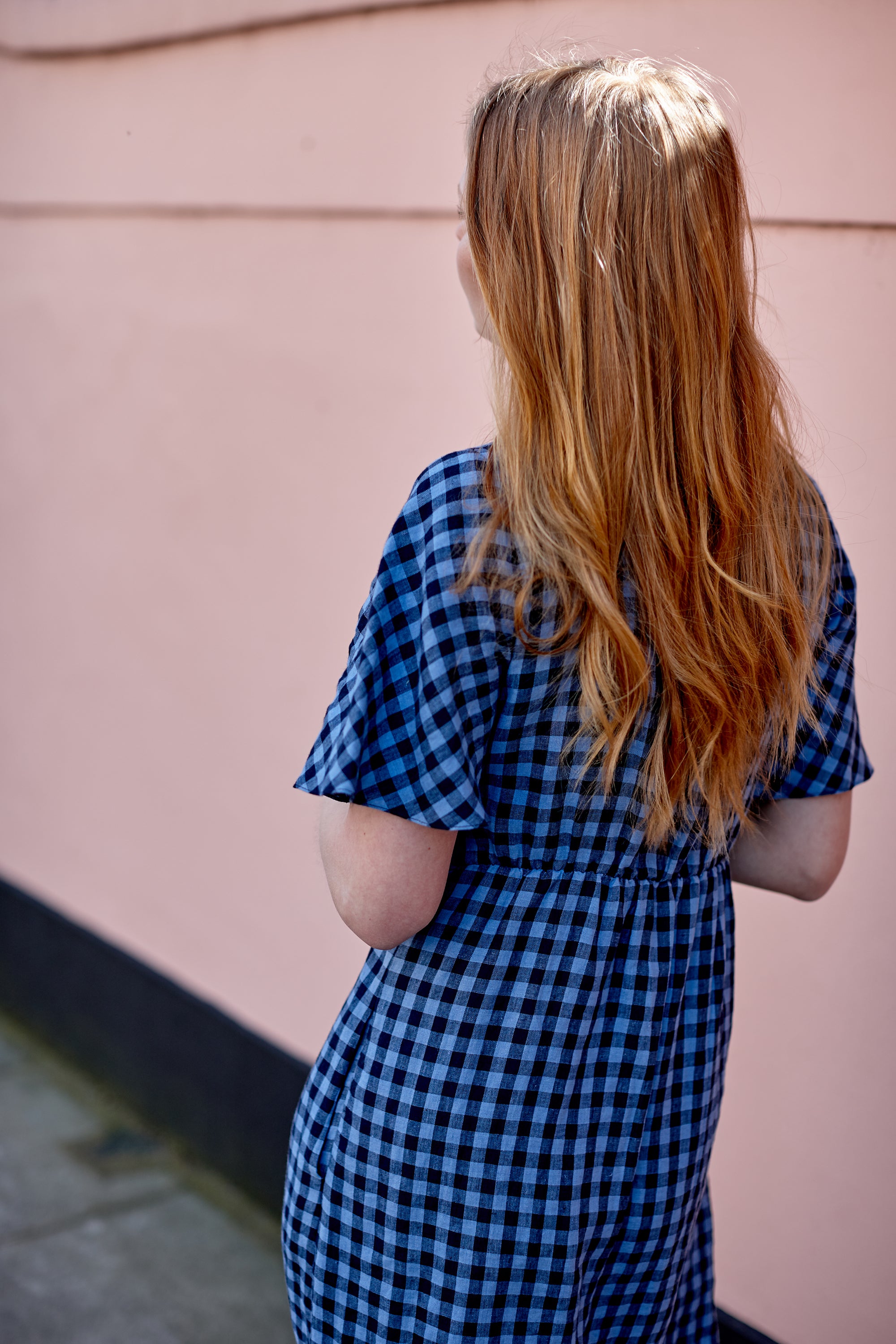Irish Linen Gingham Dress. Pull-on style. Short sleeve. V neck . Knee length