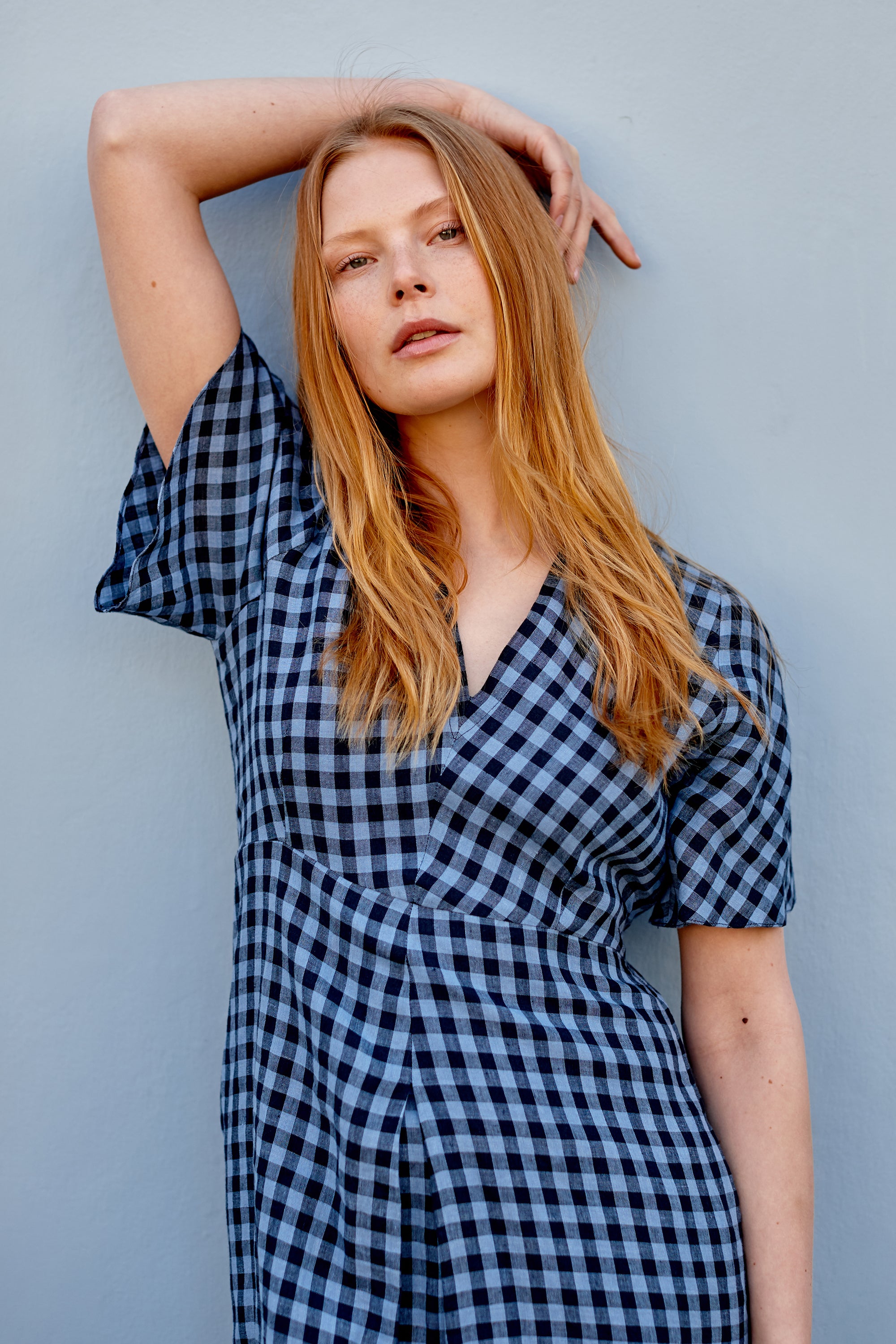 Irish Linen Gingham Dress. Pull-on style. Short sleeve. V neck . Knee length