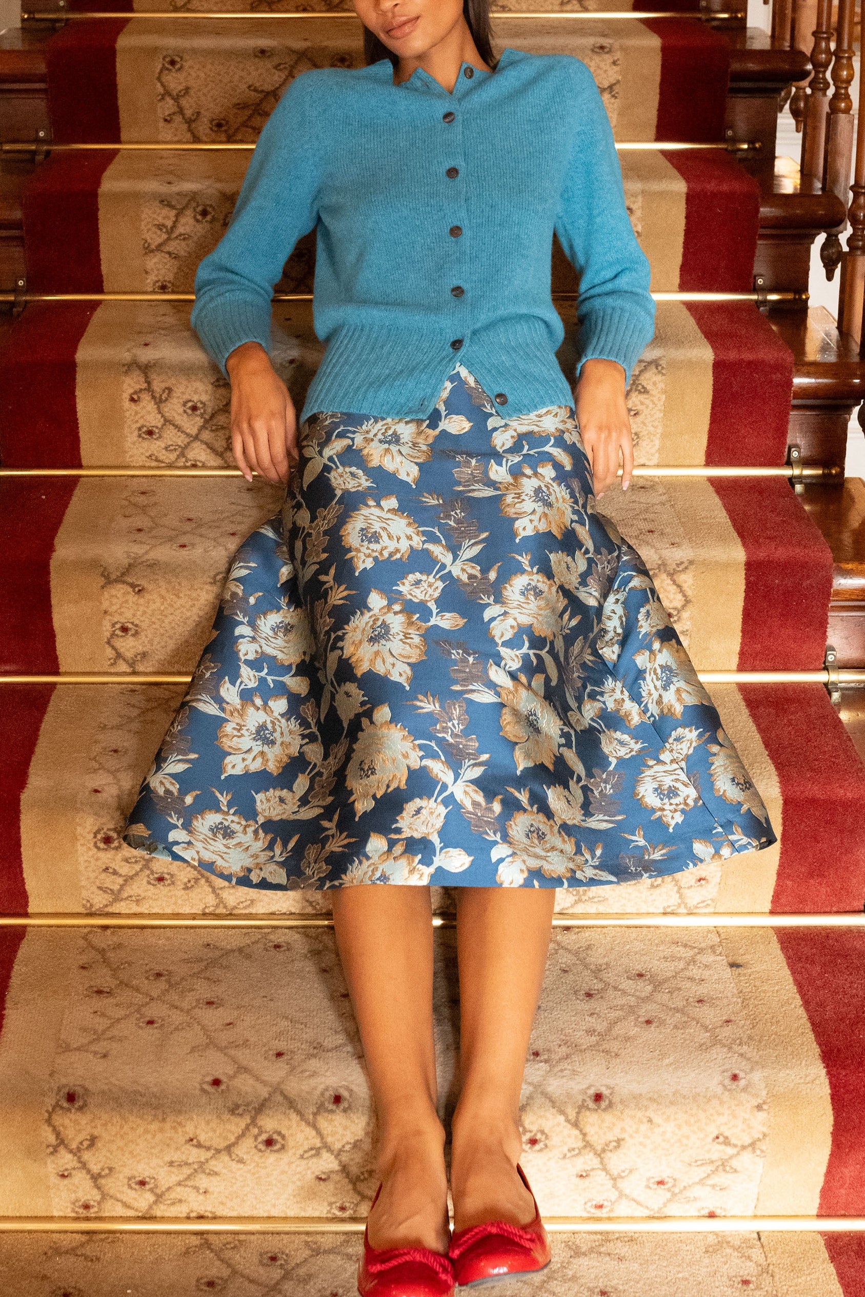 Neesa Skirt in Blue Floral Brocade