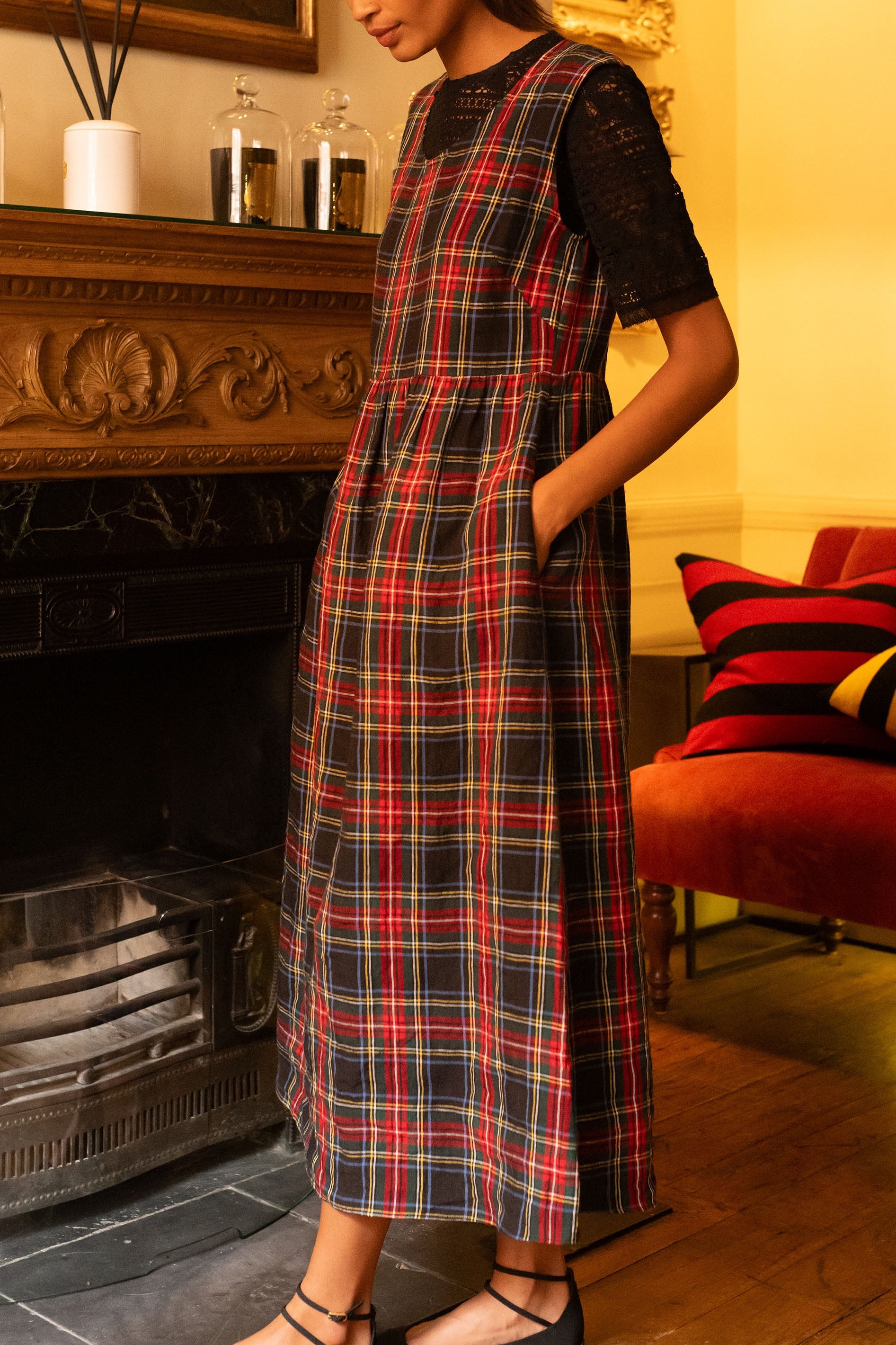Linen Pinafore Dress in Black Stewart Tartan | Made in England | Justine Tabak 