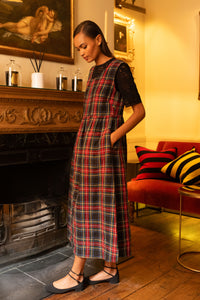 Linen Pinafore Dress in Black Stewart Tartan | Made in England | Justine Tabak 