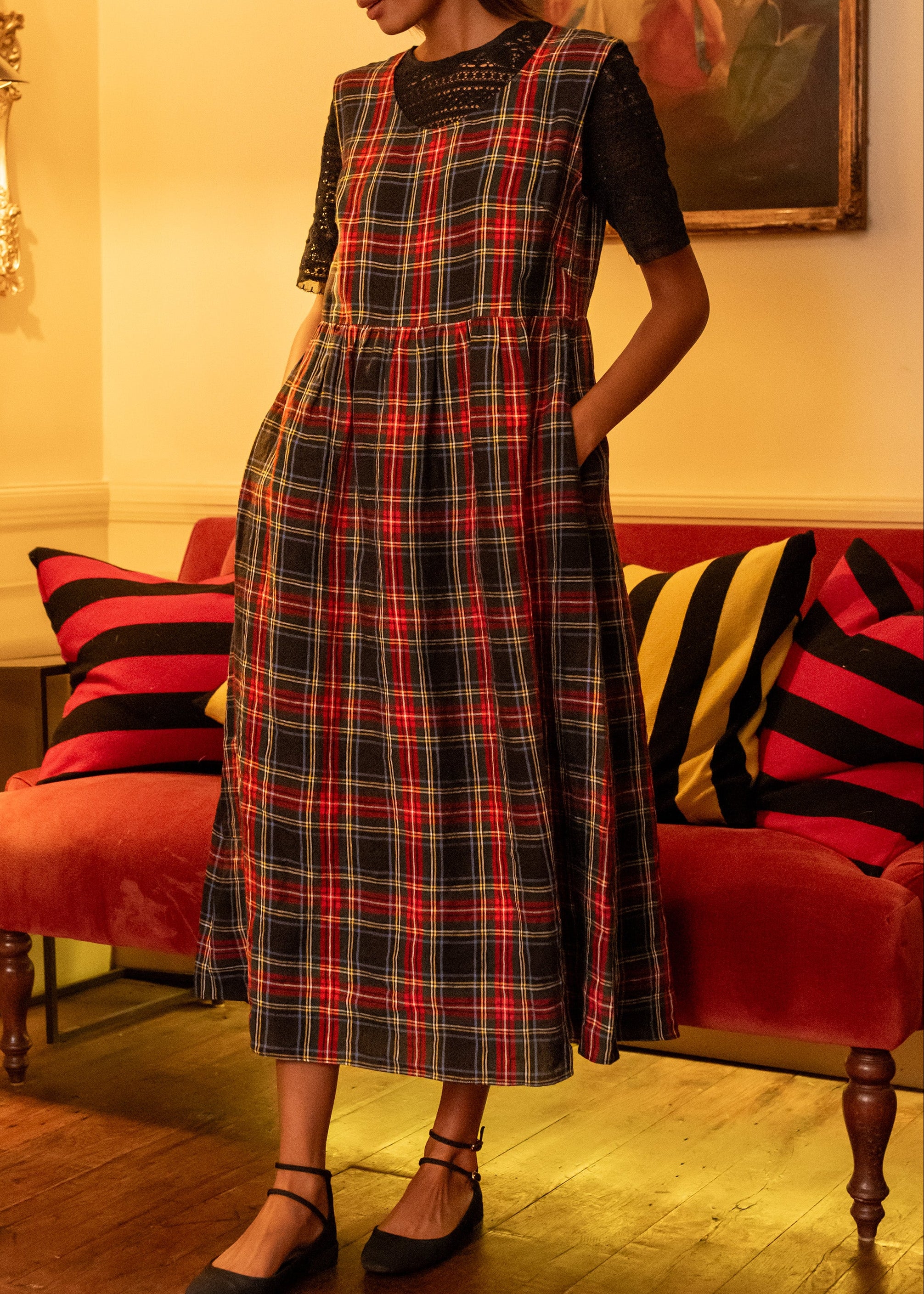 Linen Pinafore Dress in Black Stewart Tartan | Made in England | Justine Tabak 