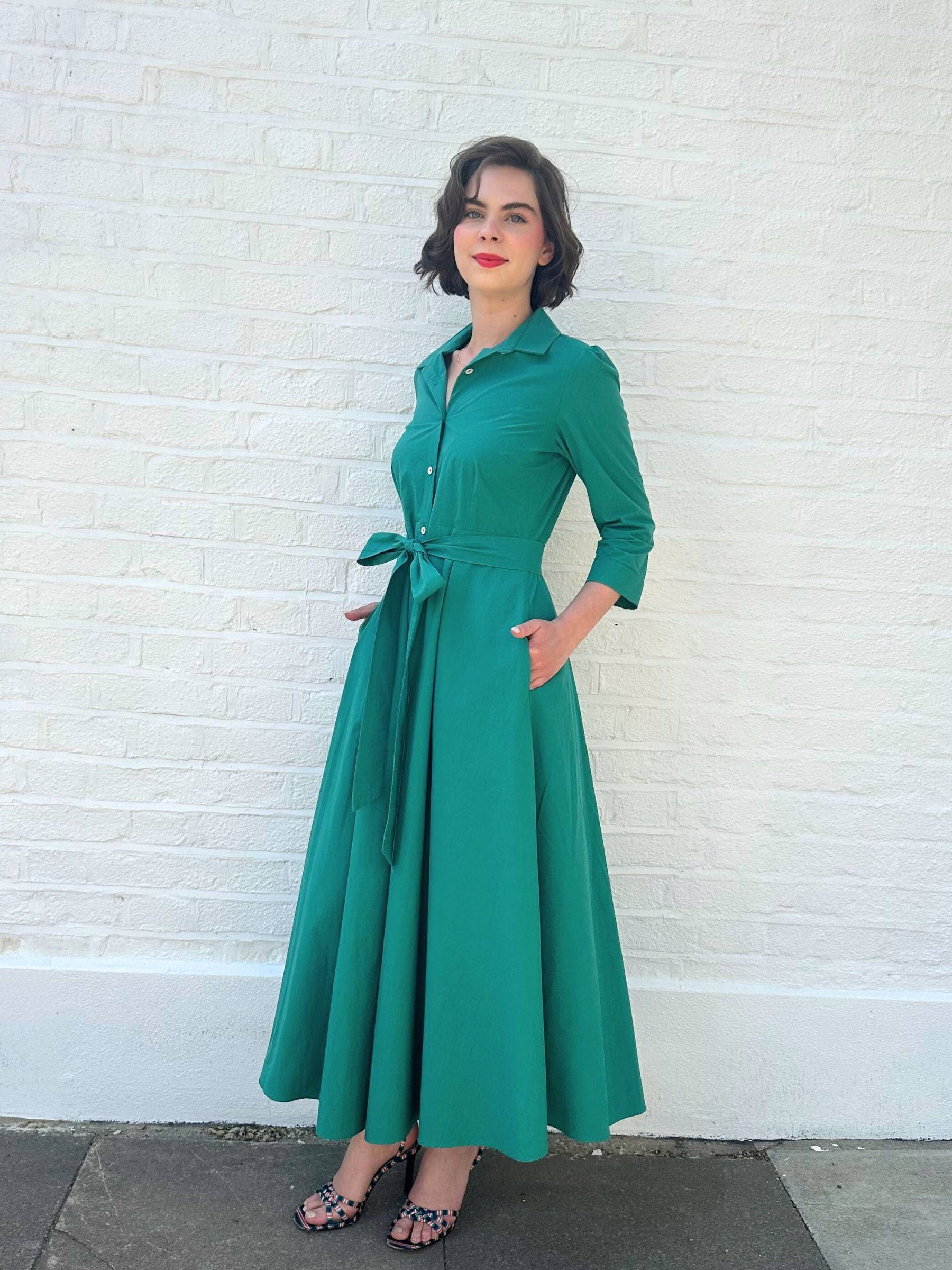 Kensington Dress in Jade Green Typewriter Cotton