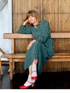 Columbia Market Dress in Aqua and Olive Stripe Irish Linen