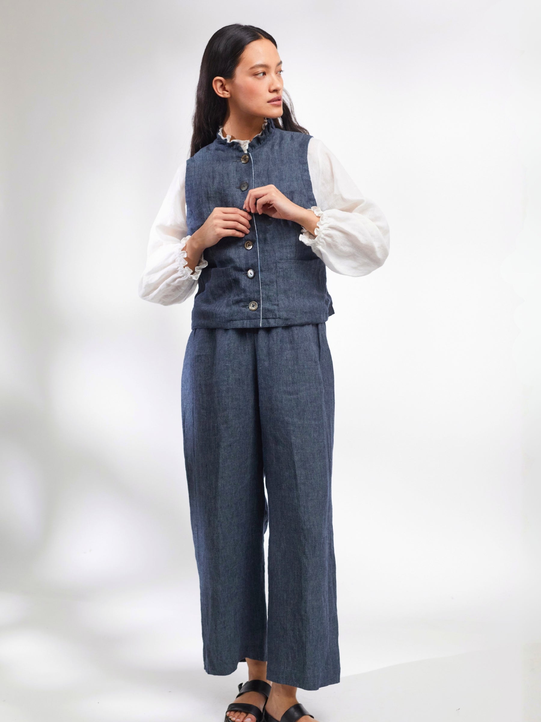 Tattie Waistcoat in Ink Irish Linen Twill and Striped Denim