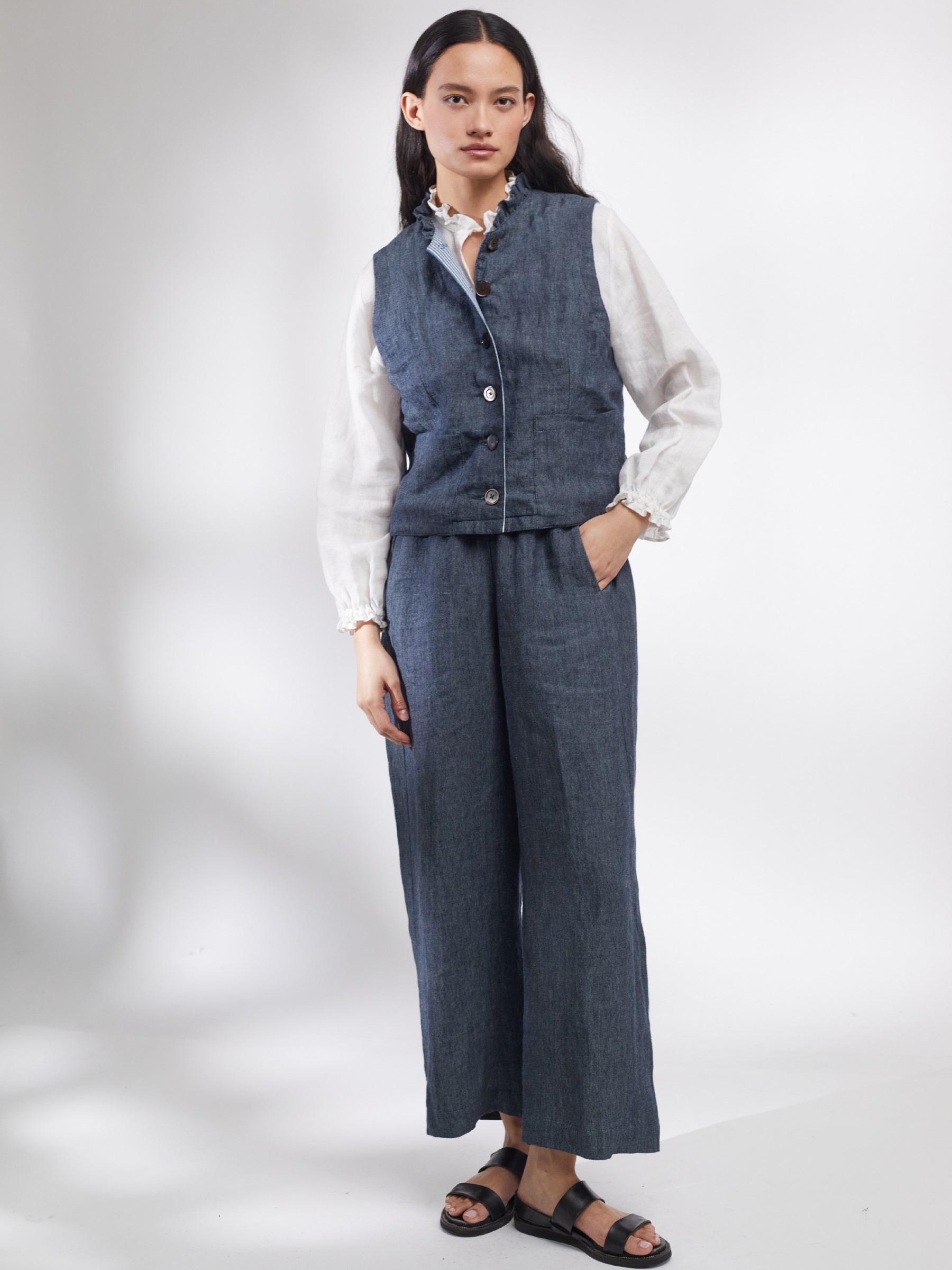 Tattie Waistcoat in Ink Irish Linen Twill and Striped Denim