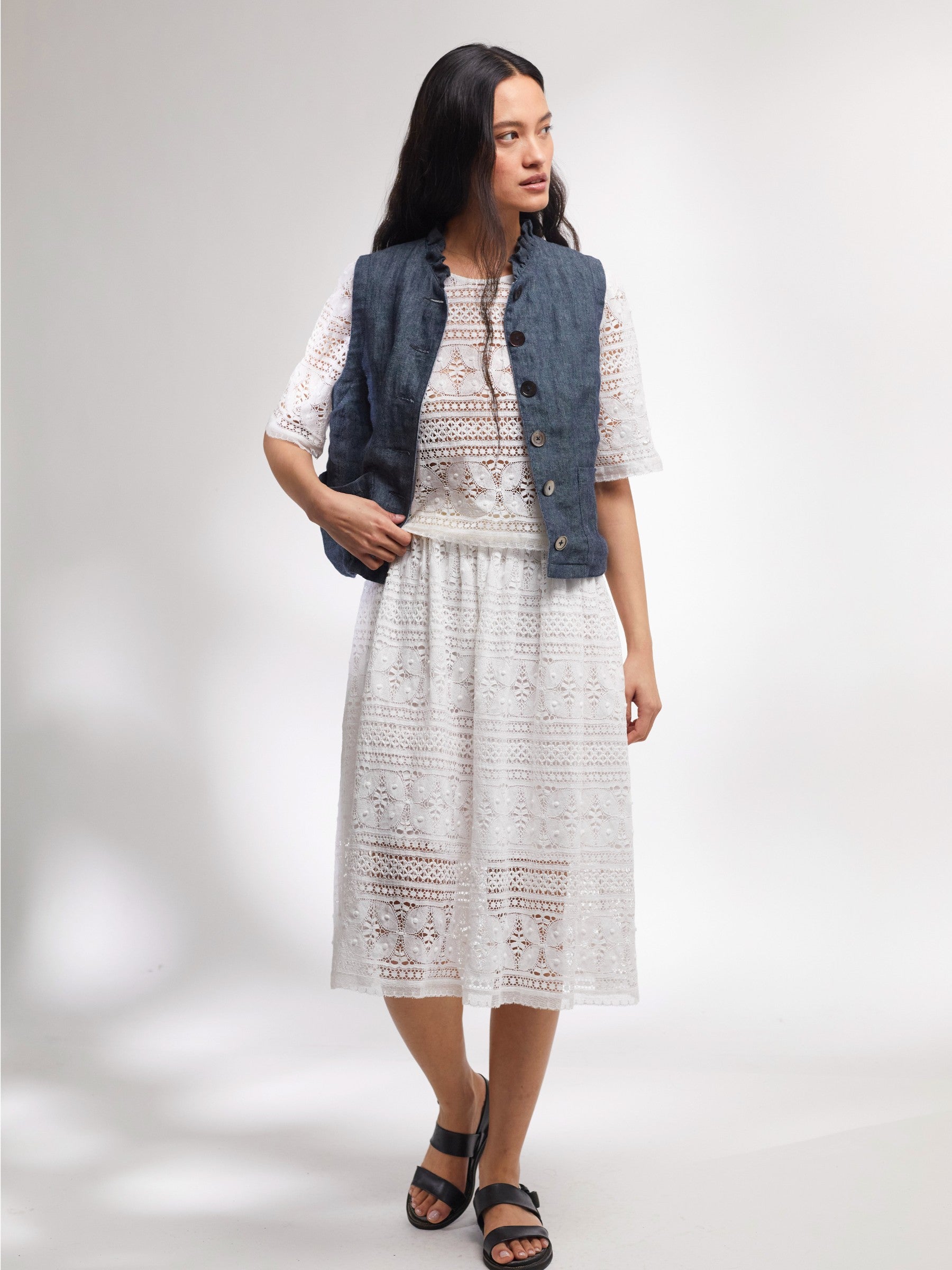 Tattie Waistcoat in Ink Irish Linen Twill and Striped Denim