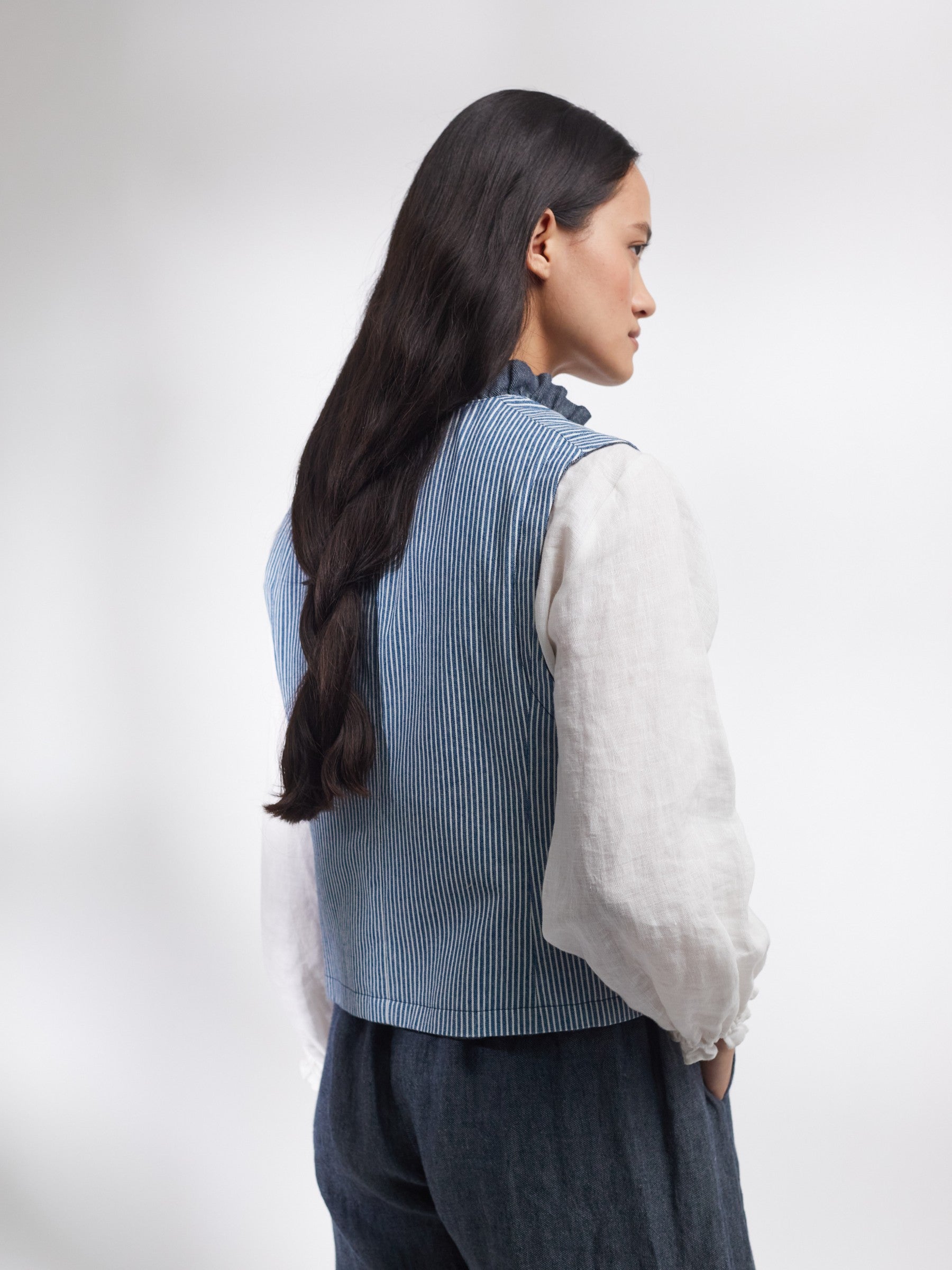 Tattie Waistcoat in Ink Irish Linen Twill and Striped Denim