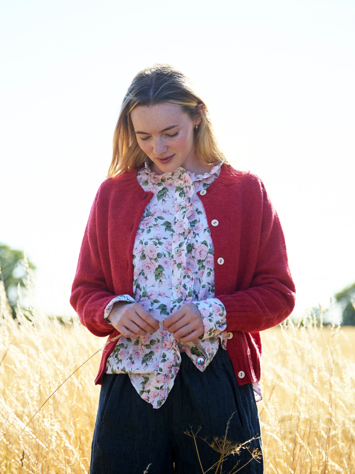 Cropped Wool Cardigan in Red | Made in Scotland | Justine Tabak
