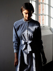 Didsbury Dress in Soft Blue Organic Cotton Seersucker Stripe