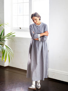 Didsbury Dress in Soft Blue Organic Cotton Seersucker Stripe