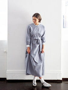 Didsbury Dress in Soft Blue Organic Cotton Seersucker Stripe