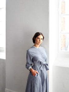 Didsbury Dress in Soft Blue Organic Cotton Seersucker Stripe