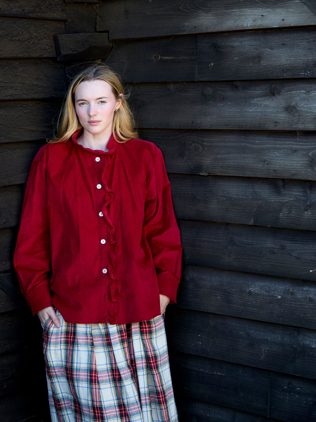 Selby Ruffle Shirt in Red Corduroy