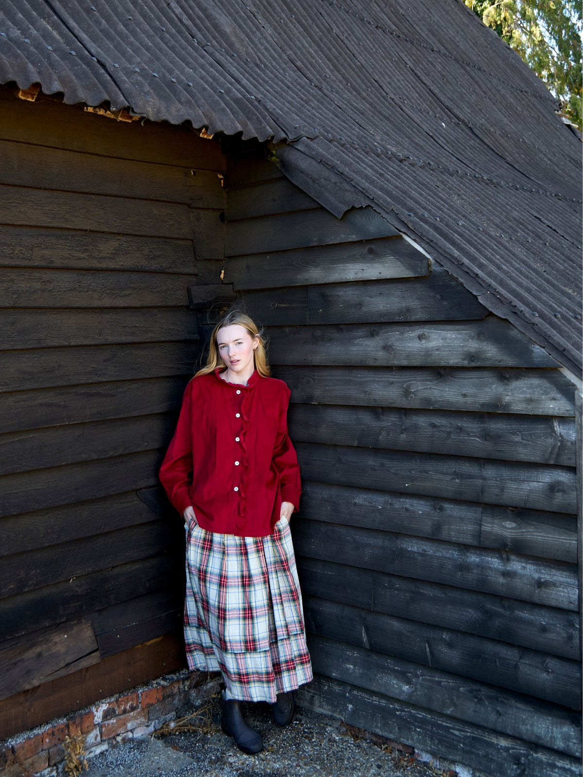 Bobbie Skirt in Cream Tartan Irish Linen