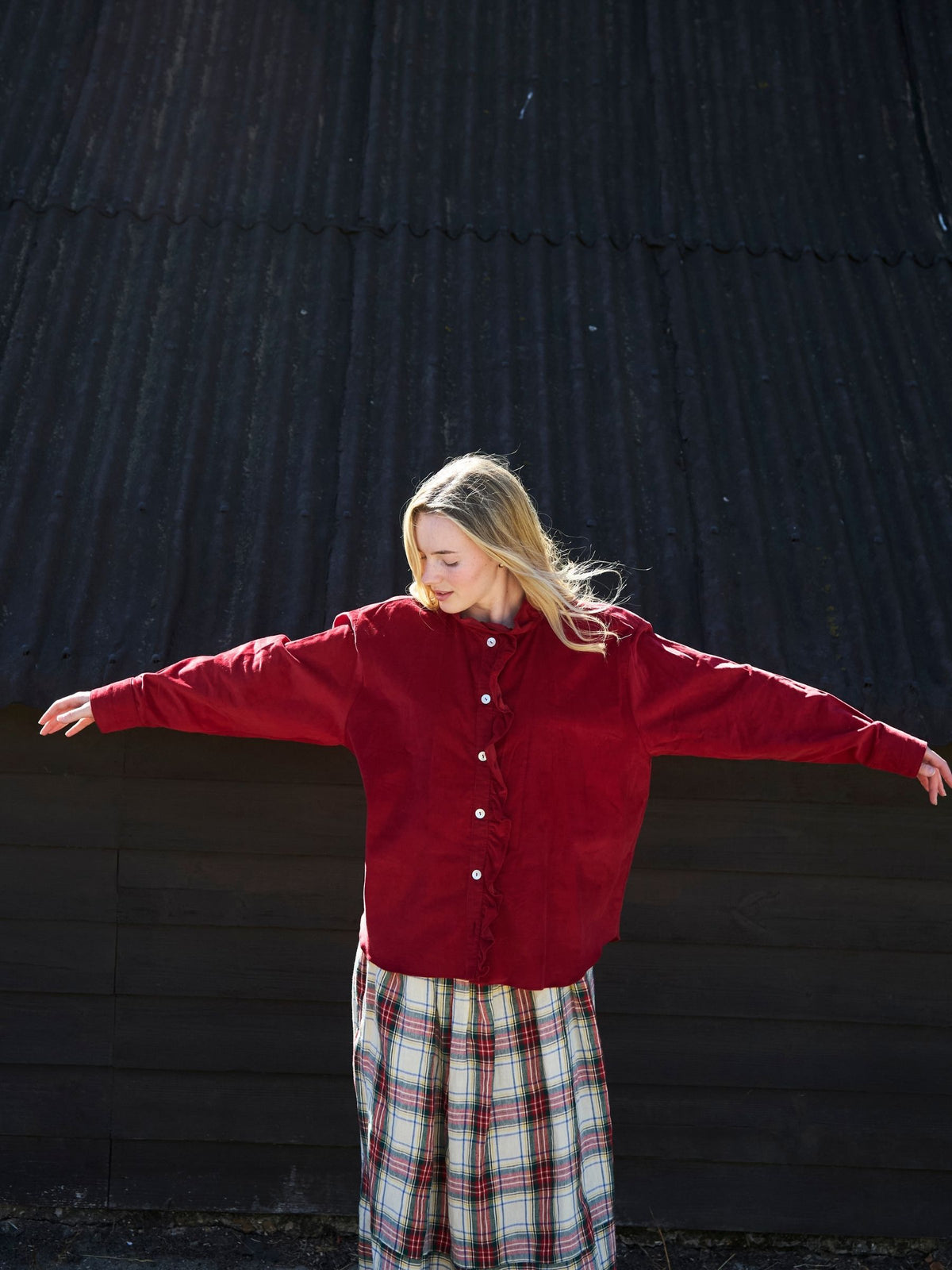 Selby Ruffle Shirt in Red Corduroy