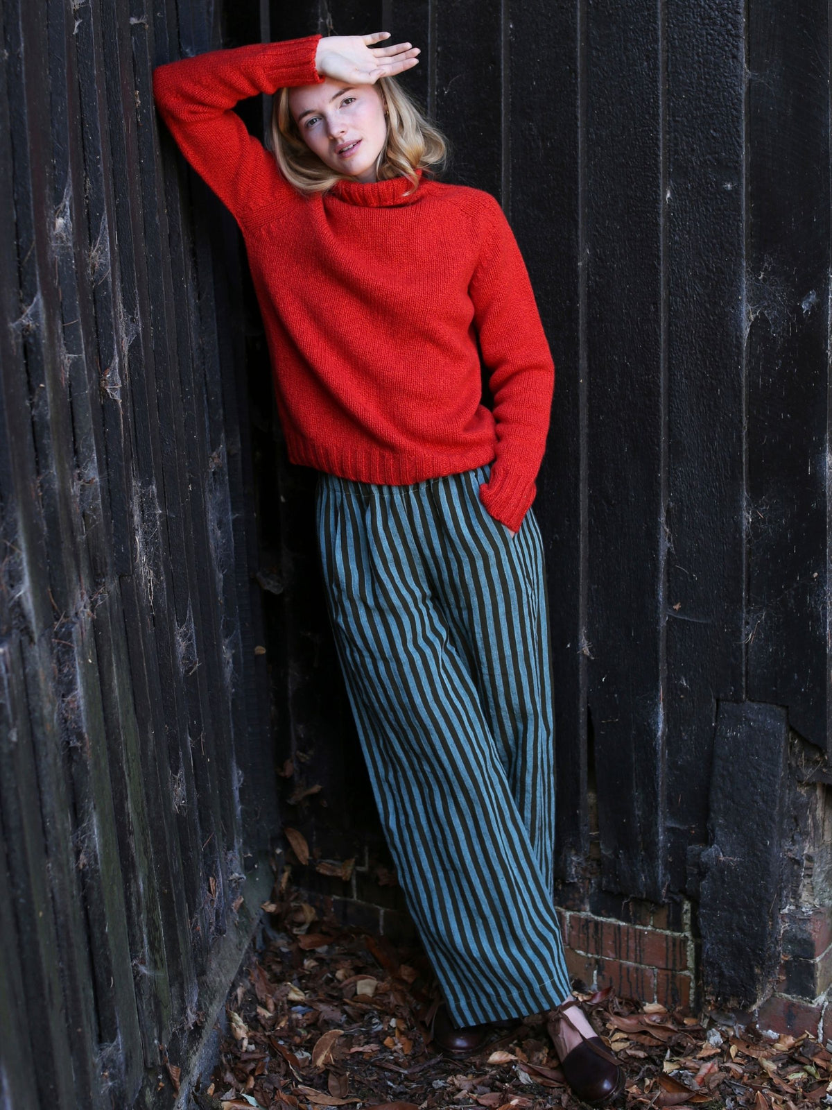 Hove Trouser in Aqua and Olive Stripe Irish Linen