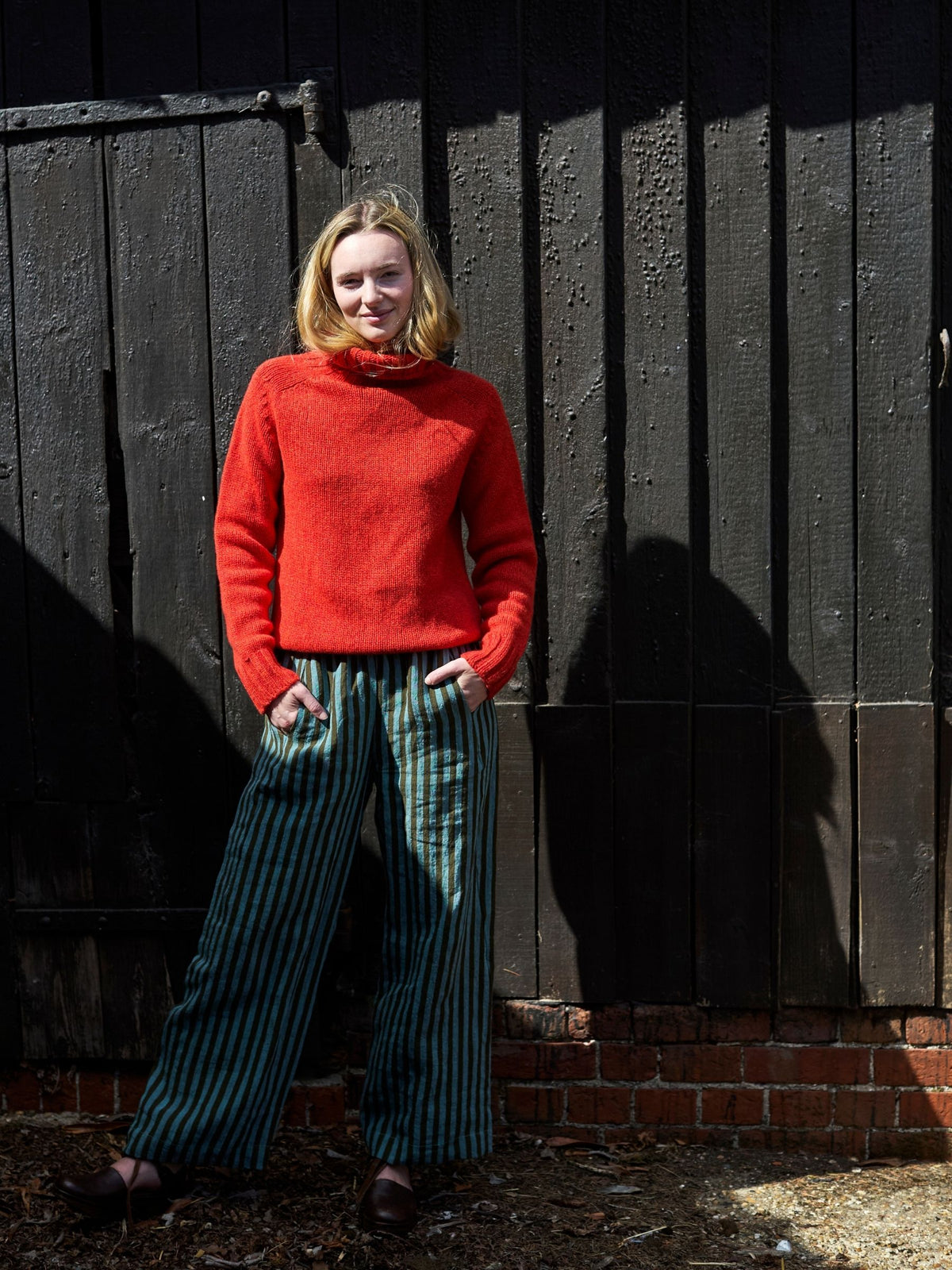 Hove Trouser in Aqua and Olive Stripe Irish Linen