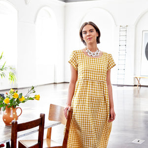 Short Sleeve Empire Line Dress in Yellow Gingham Linen | Made in England | Justine Tabak