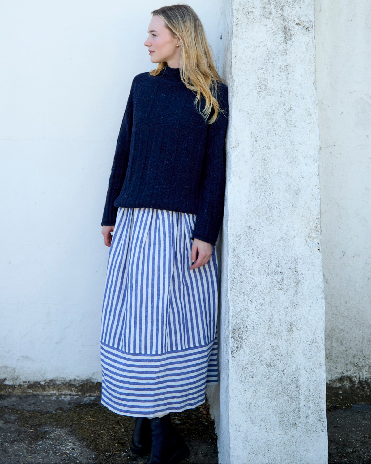 Bobbie Skirt in Blue and White Stripe Irish Linen